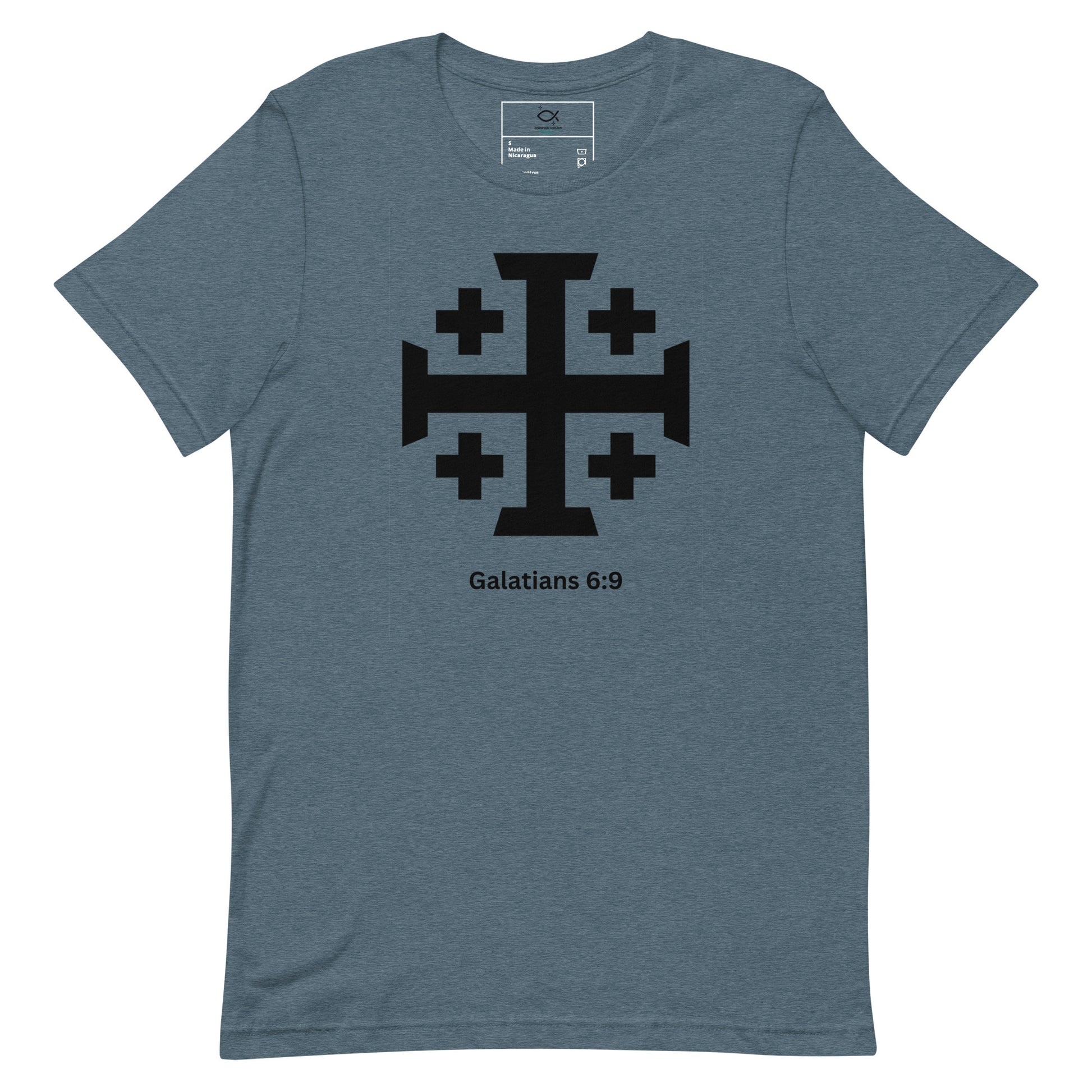 "Unisex t-shirt with Jerusalem cross and Galatians 6:9 Bible verse design"