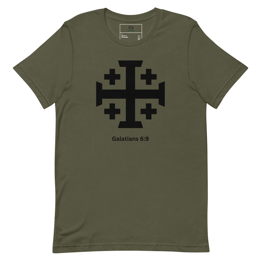 "Unisex t-shirt with Jerusalem cross and Galatians 6:9 Bible verse design"