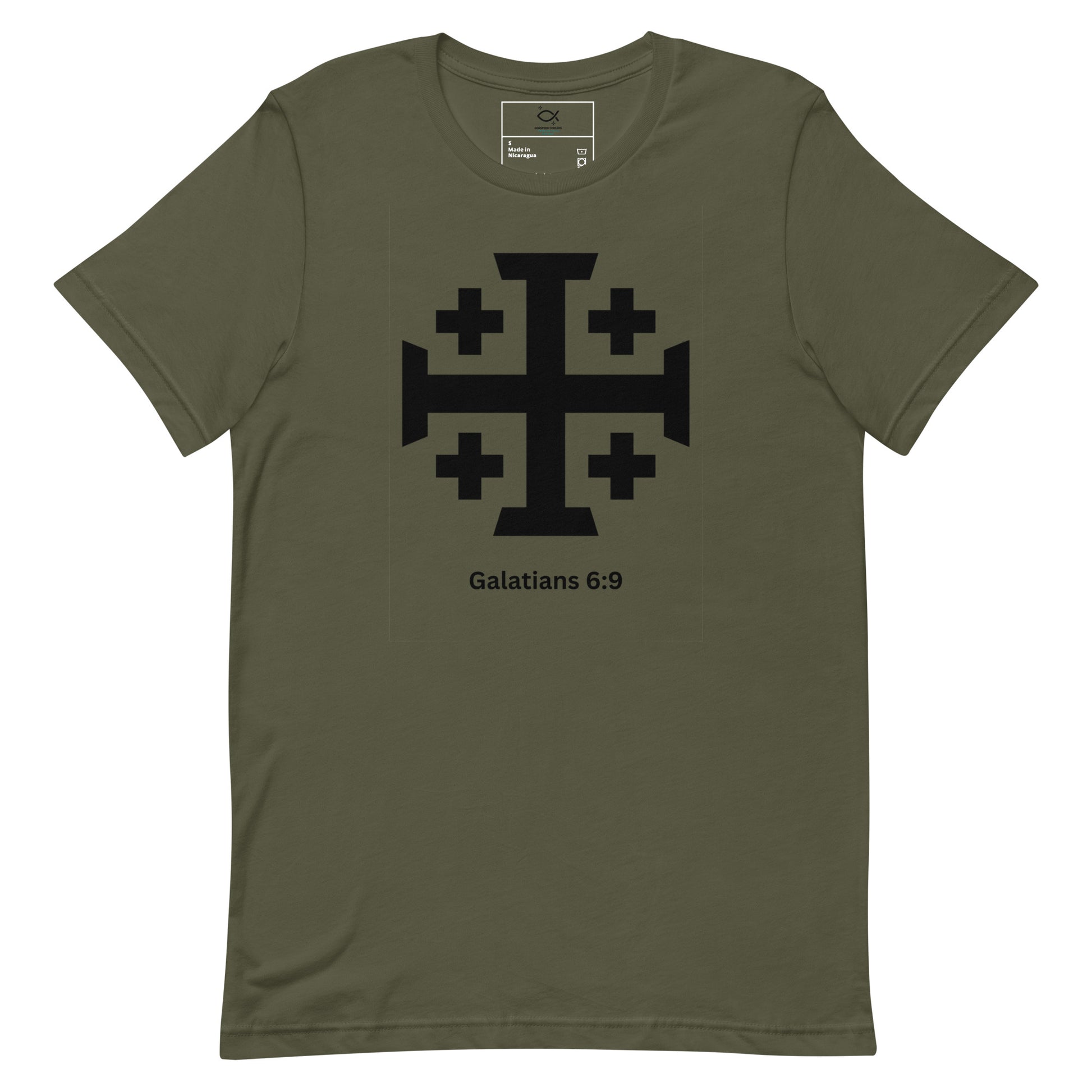 "Unisex t-shirt with Jerusalem cross and Galatians 6:9 Bible verse design"
