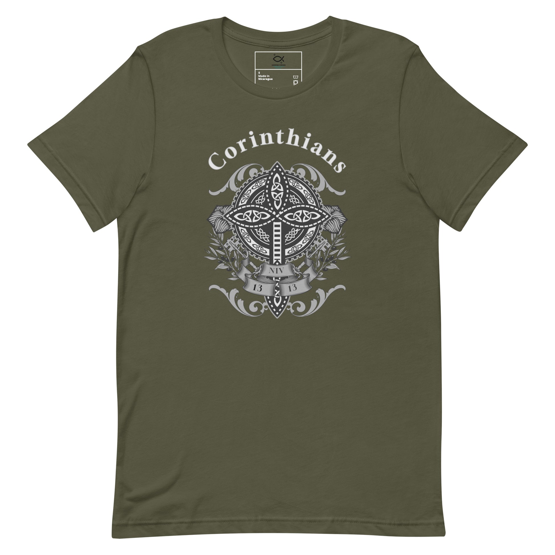 Unisex t-shirt with Corinthians cross and shield graphic design