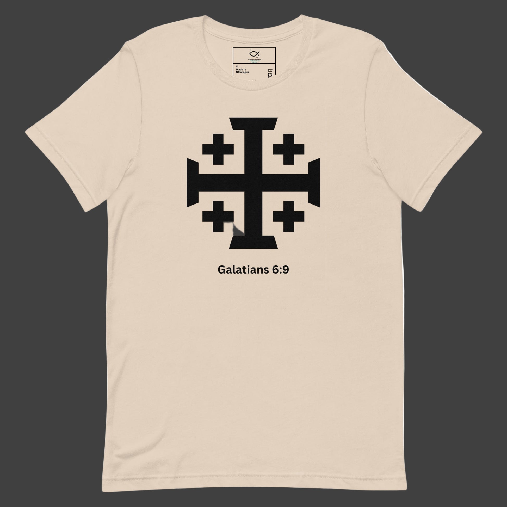 "Unisex t-shirt with Jerusalem cross and Galatians 6:9 Bible verse design"