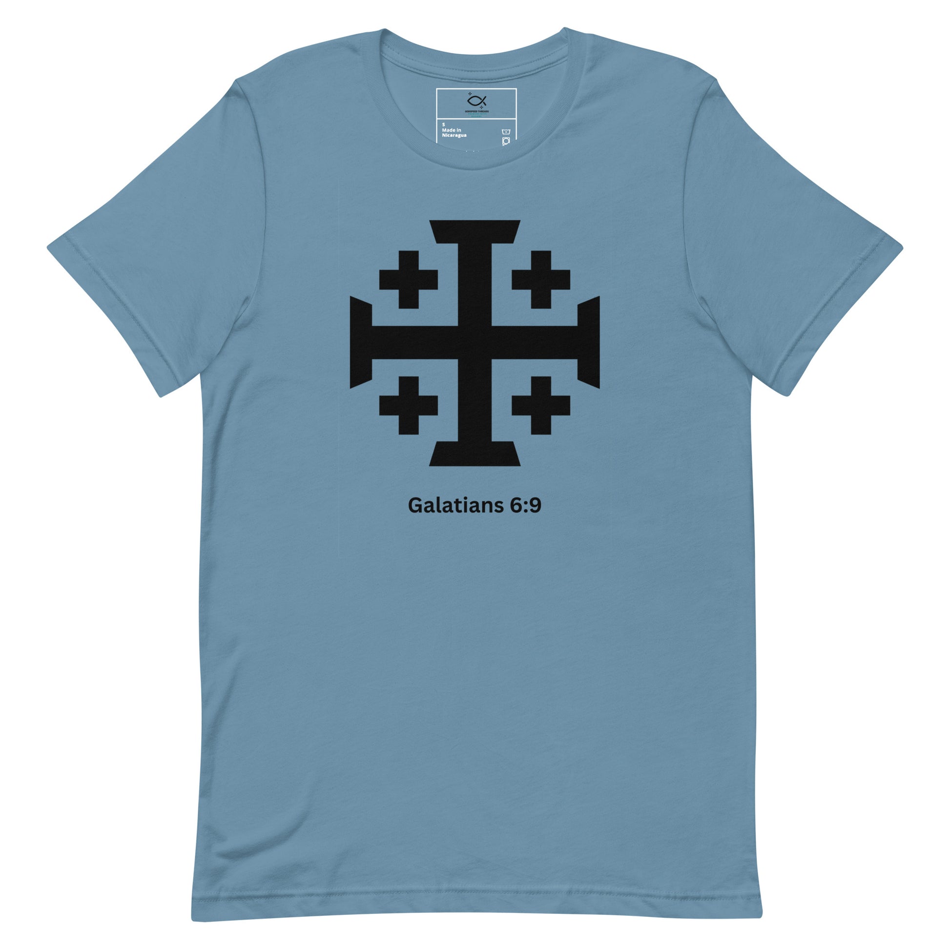 "Unisex t-shirt with Jerusalem cross and Galatians 6:9 Bible verse design"