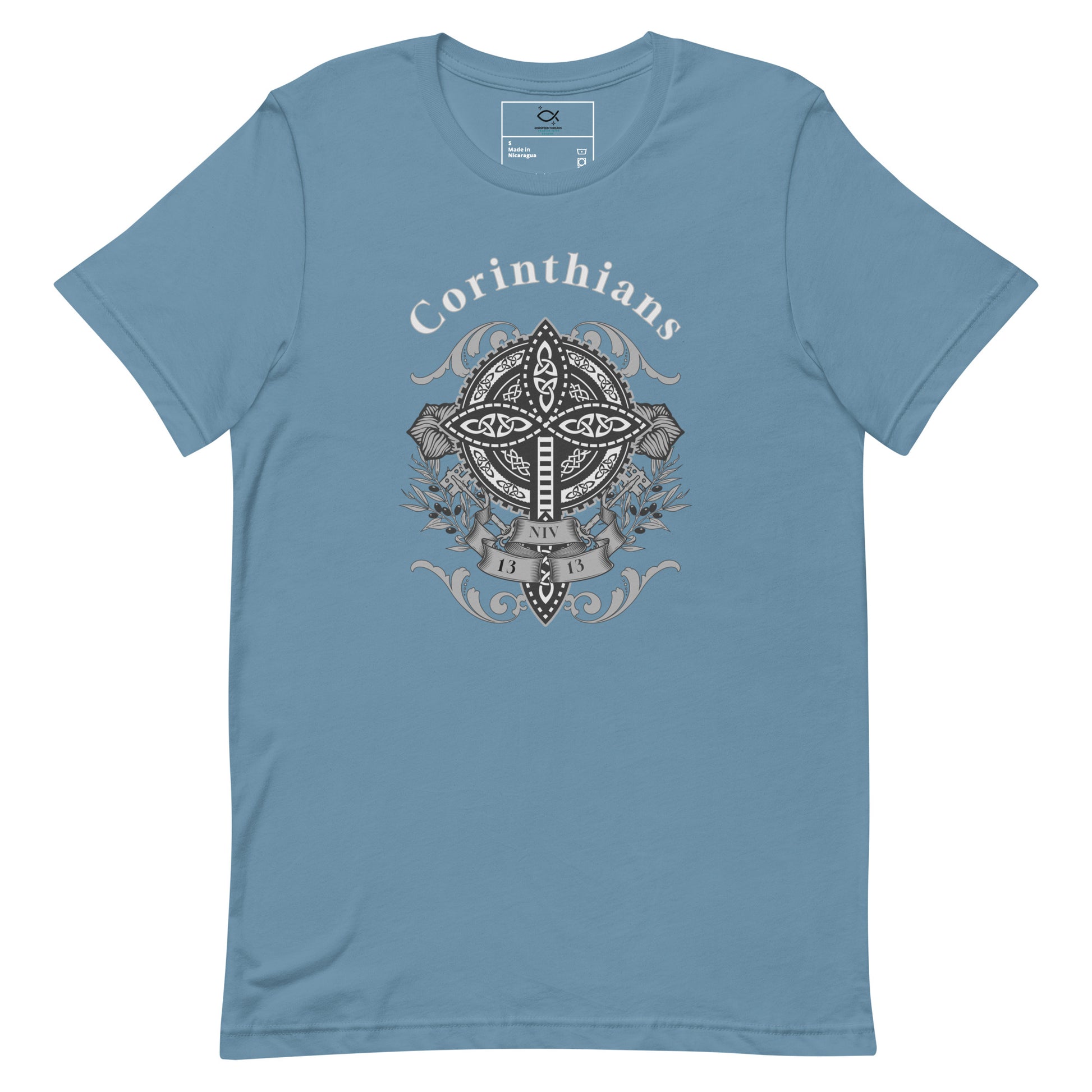 Unisex t-shirt with Corinthians cross and shield graphic design