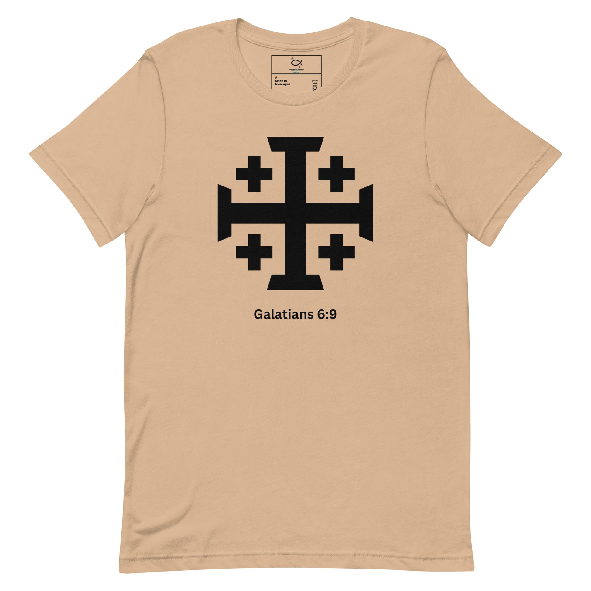 "Unisex t-shirt with Jerusalem cross and Galatians 6:9 Bible verse design"
