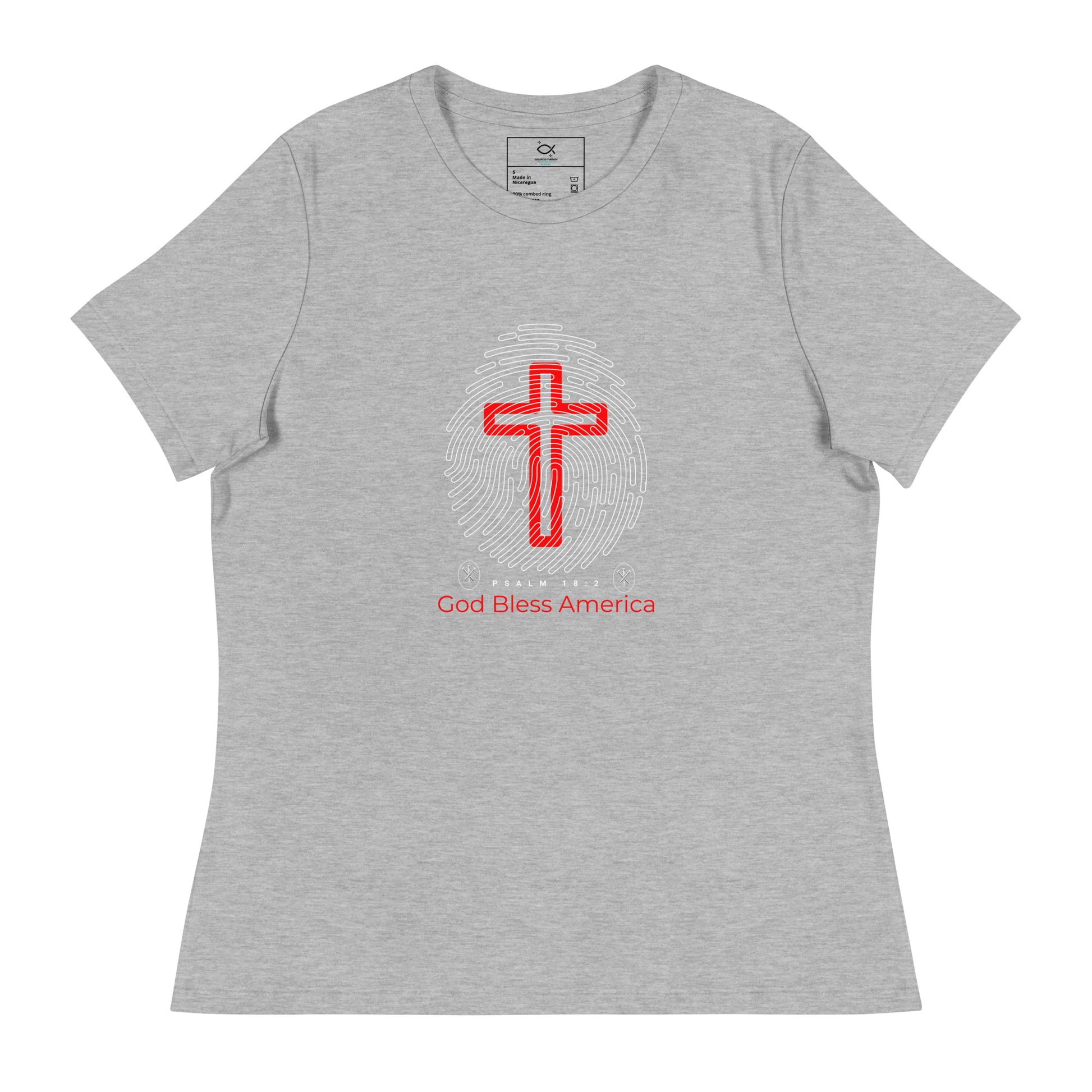 “Navy blue Christian t-shirt with fingerprint and red cross design”

“Faith and patriotism God Bless America tee with Psalm 18:2 verse”

“Religious USA shirt featuring cross and fingerprint graphic”

“Bold Christian patriotic shirt with scripture and red cross”

“Unisex God Bless America tee for believers and veterans”