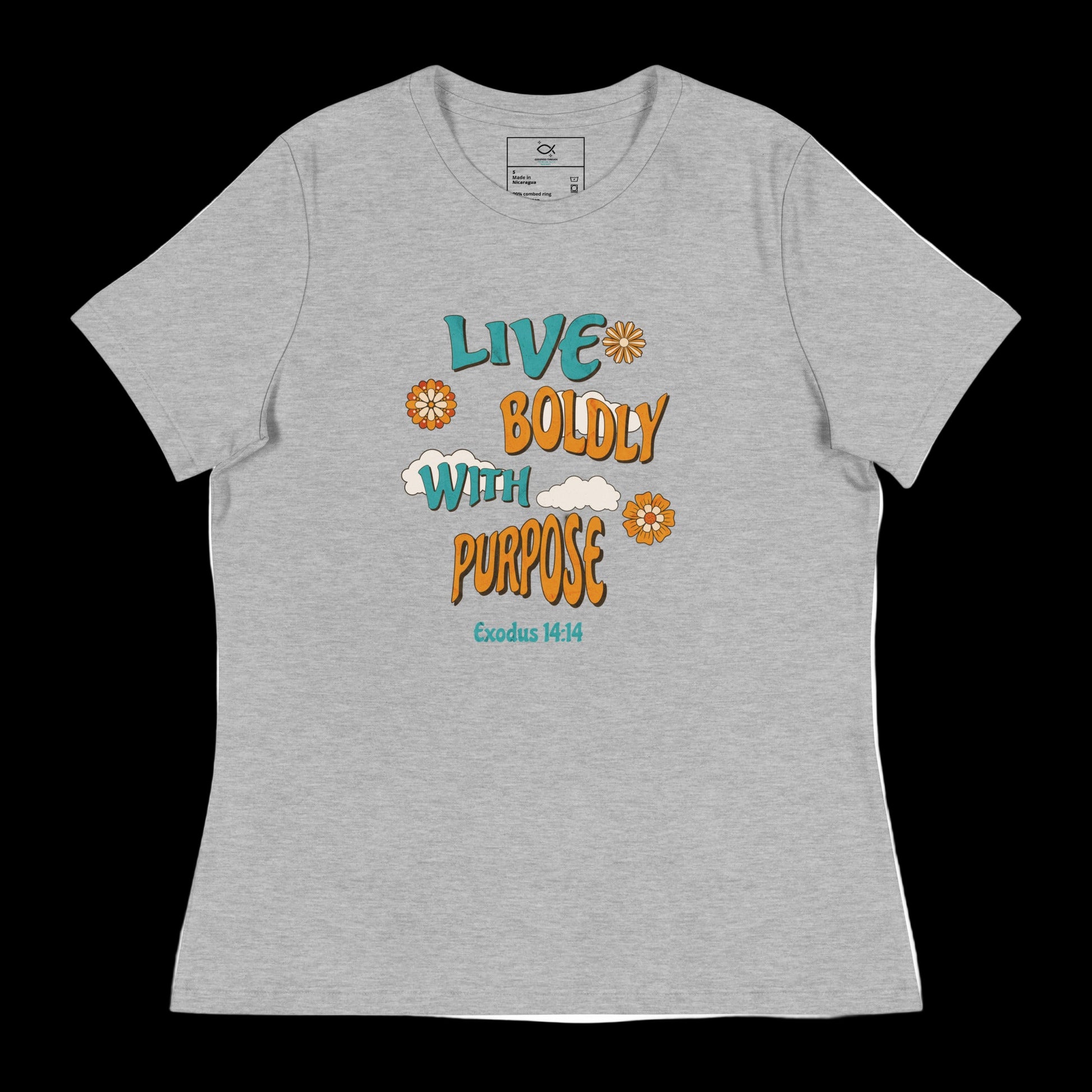 "Women's t-shirt with 'Live Boldly With Purpose' Exodus 14:14 Bible verse floral design"