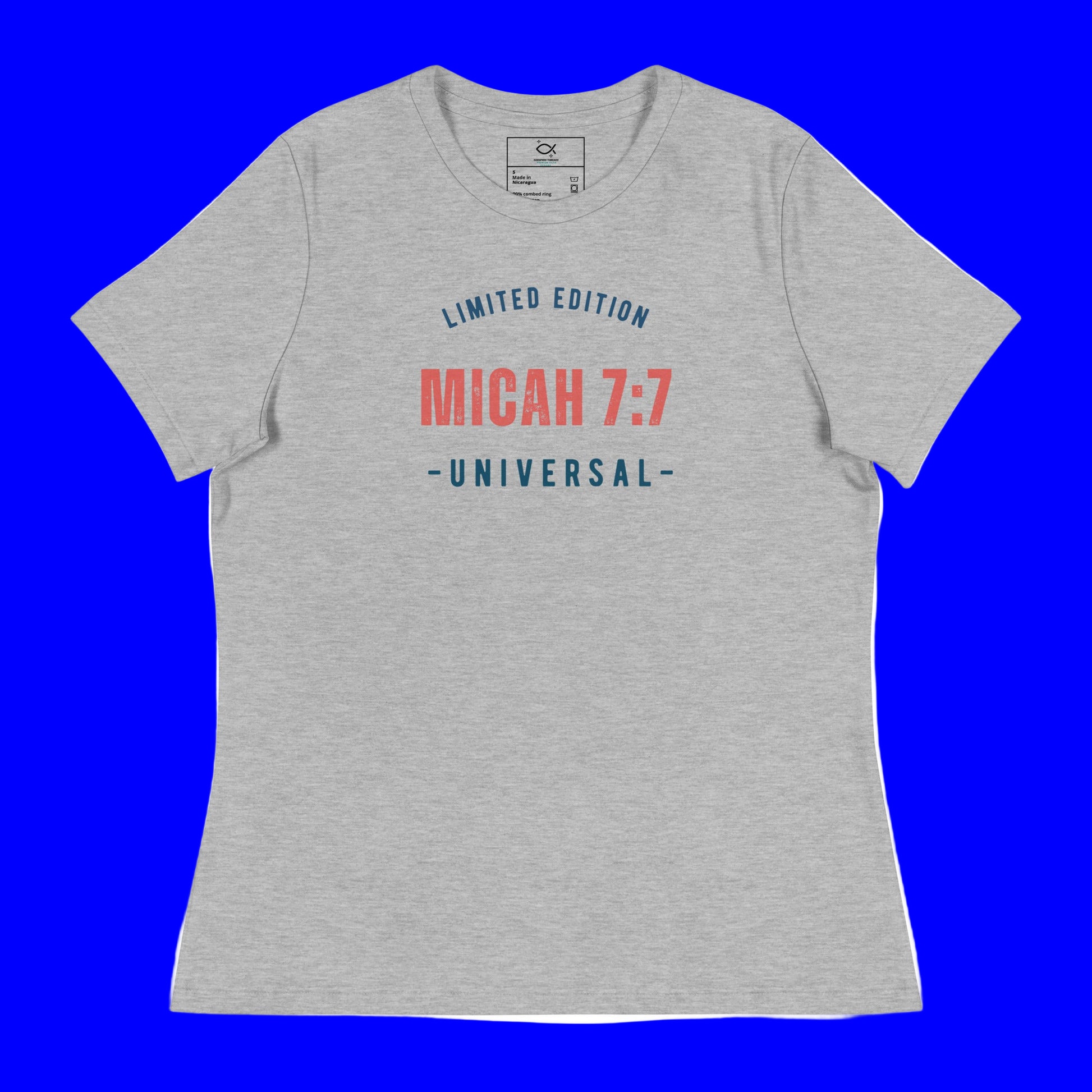 Women's navy relaxed fit t-shirt with Micah 7:7 Universal limited edition graphic