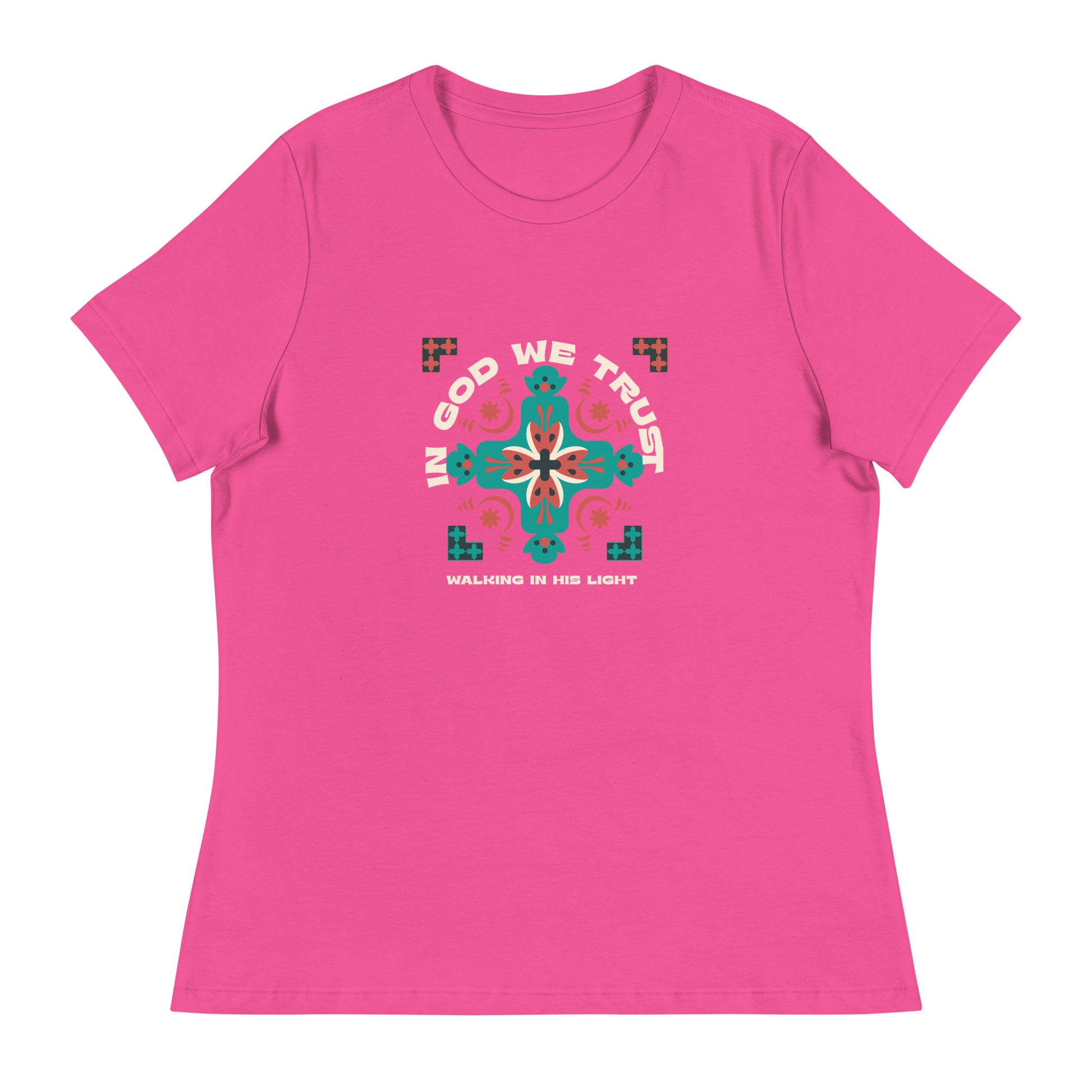 "Women's t-shirt with 'In God We Trust' Walking in His Light cross design"