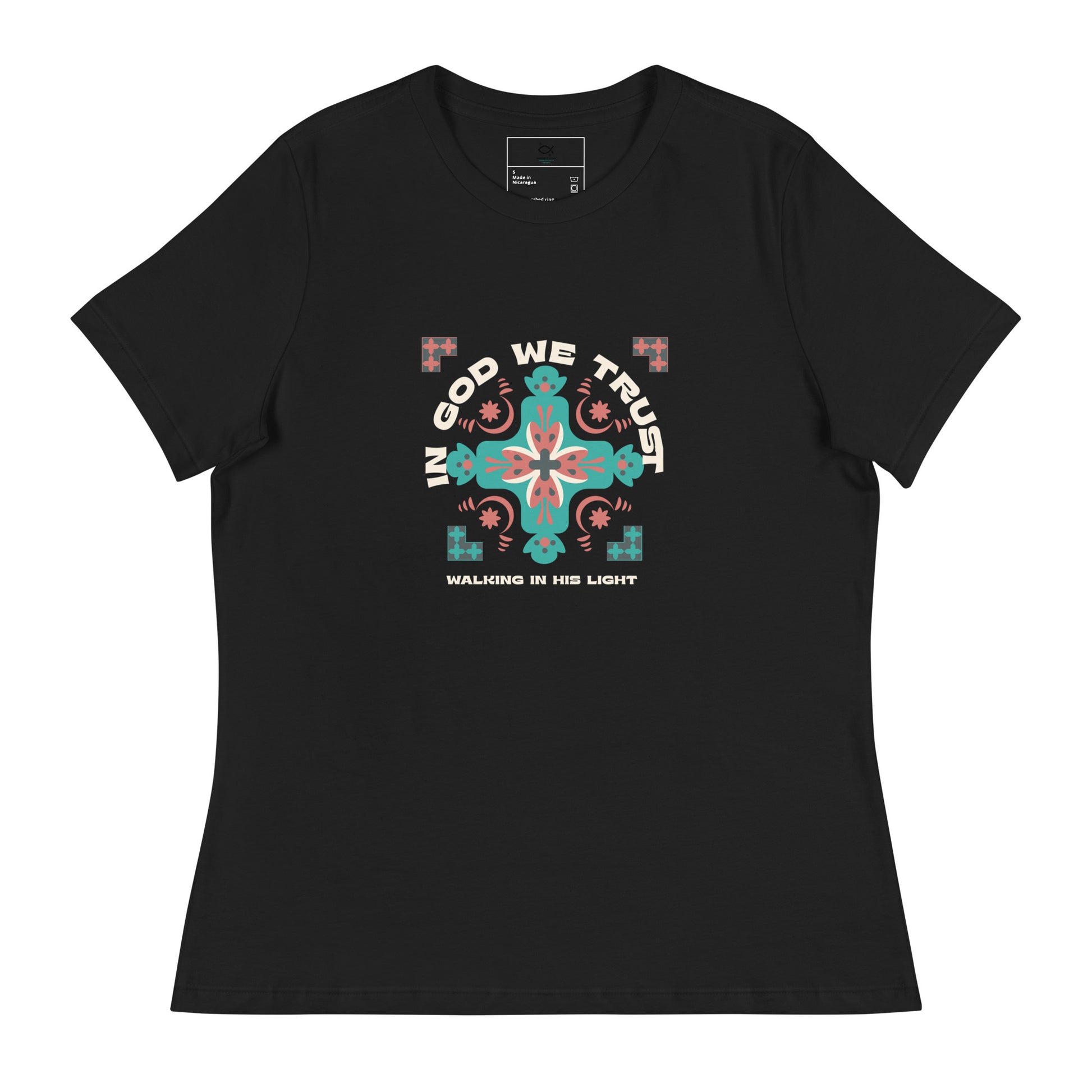 “Black t-shirt with ‘In God We Trust’ and colorful cross graphic”

“Christian unisex tee with vibrant faith cross design”

“Religious t-shirt featuring ‘Walking in His Light’ phrase”

“Faith-based streetwear shirt with cross and scripture”

“Christian gift t-shirt with bold typography and cross artwork”


