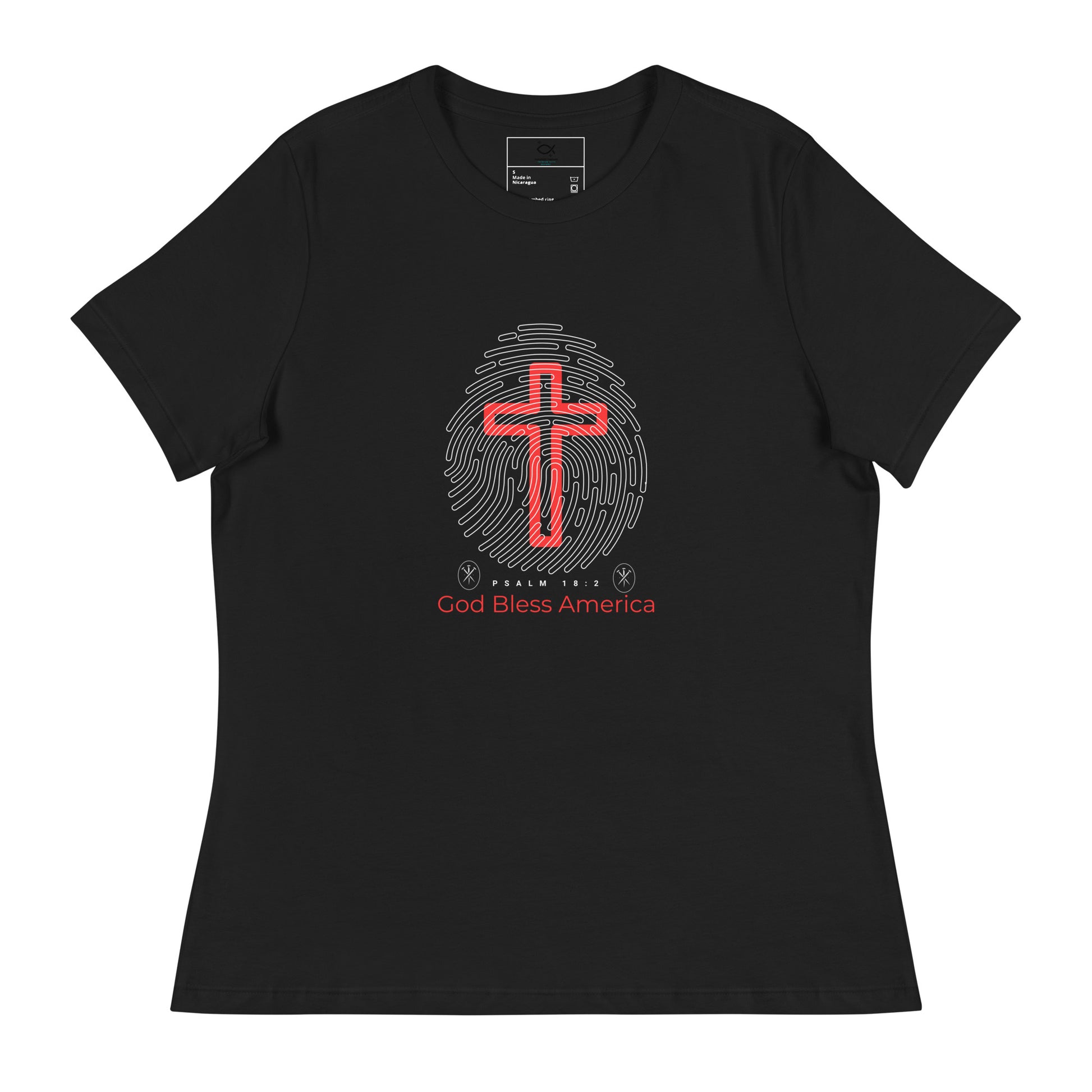 “Navy blue Christian t-shirt with fingerprint and red cross design”

“Faith and patriotism God Bless America tee with Psalm 18:2 verse”

“Religious USA shirt featuring cross and fingerprint graphic”

“Bold Christian patriotic shirt with scripture and red cross”

“Unisex God Bless America tee for believers and veterans”