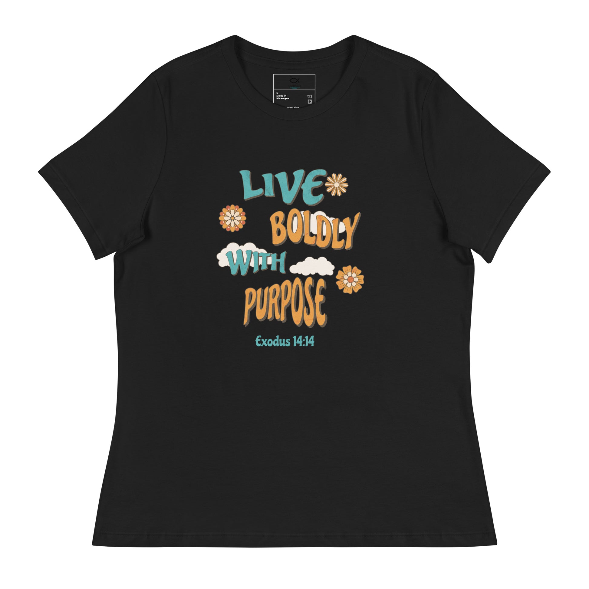 "Women's t-shirt with 'Live Boldly With Purpose' Exodus 14:14 Bible verse floral design"