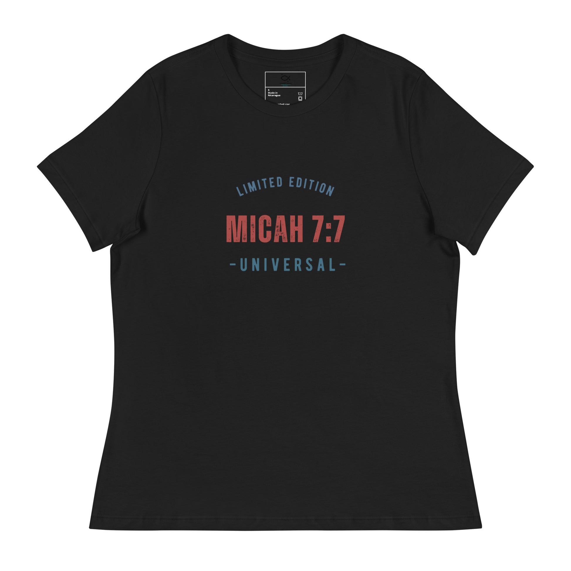 "t-shirt with 'Micah 7:7 Universal Limited Edition' Bible verse design"
