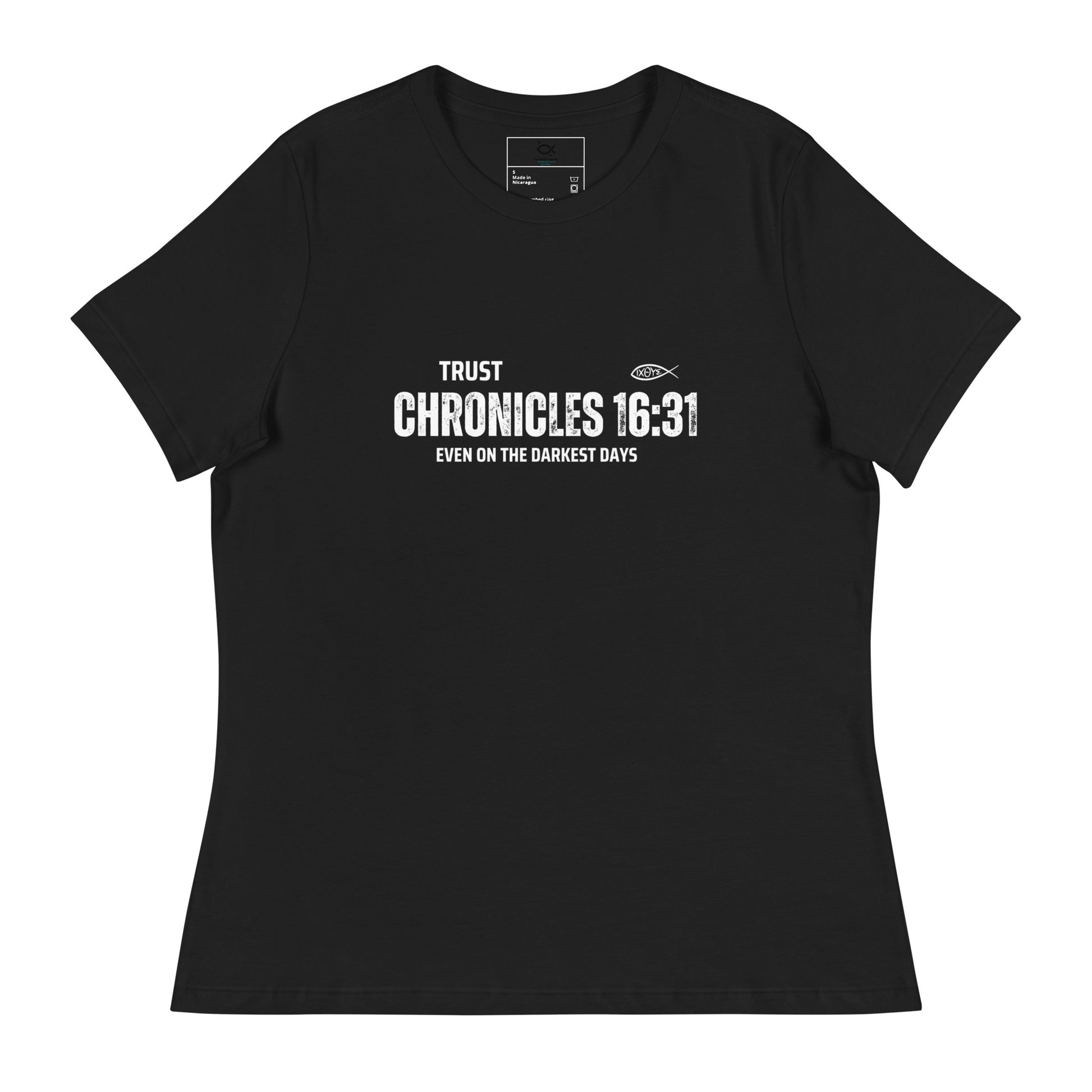 "Women's t-shirt with 'Trust Chronicles 16:31 Even on the Darkest Days' Bible verse design"








