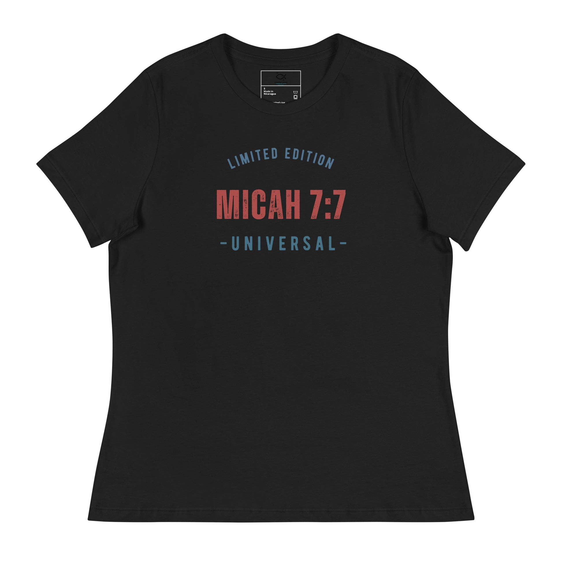 Women's navy relaxed fit t-shirt with Micah 7:7 Universal limited edition graphic