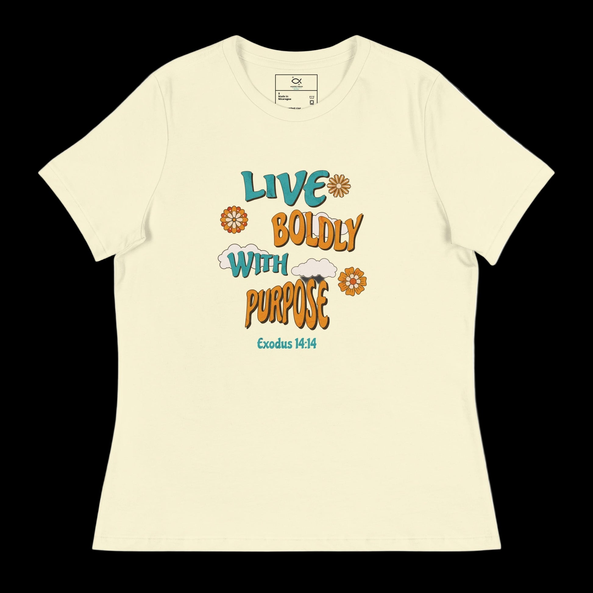 "Women's t-shirt with 'Live Boldly With Purpose' Exodus 14:14 Bible verse floral design"
