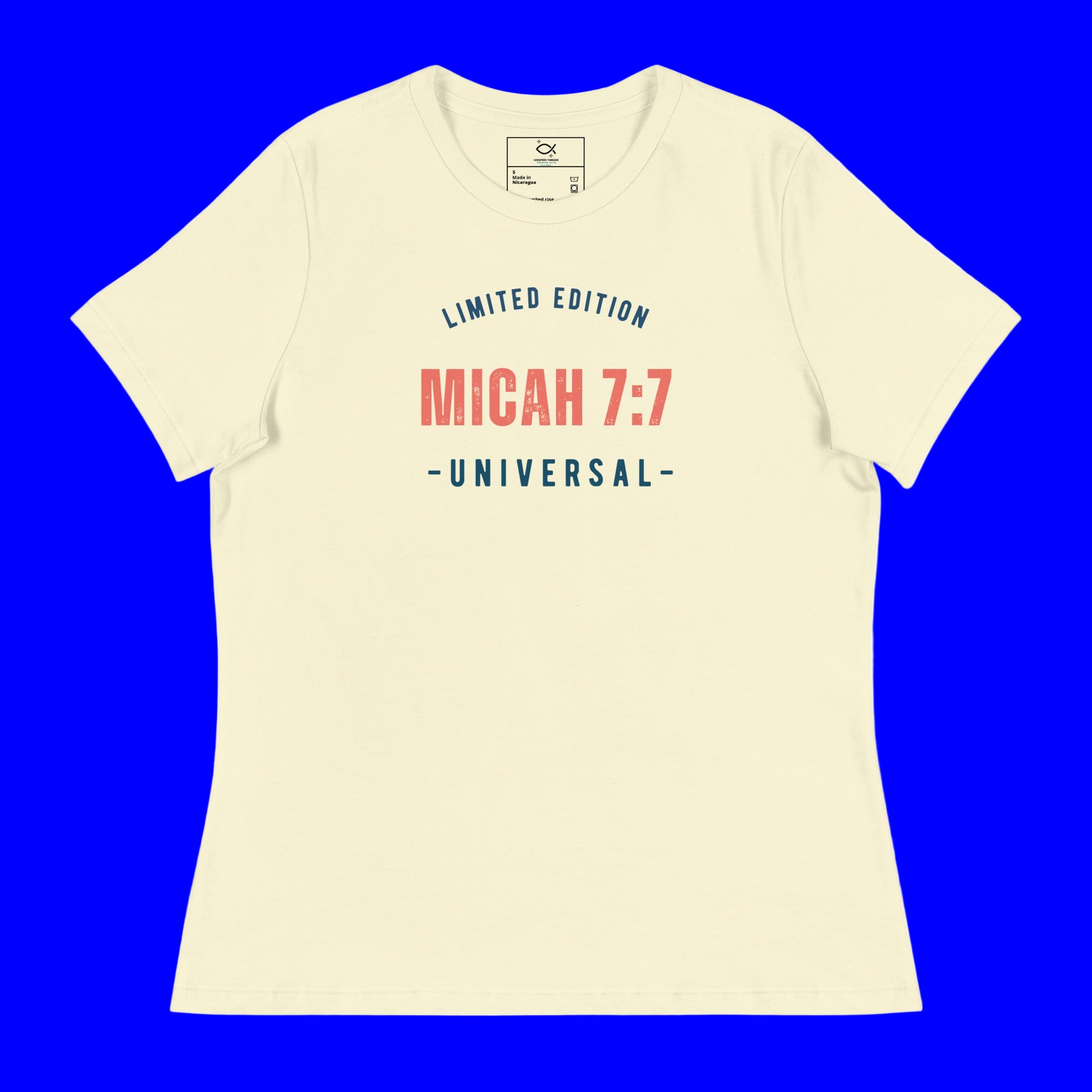 Women's navy relaxed fit t-shirt with Micah 7:7 Universal limited edition graphic