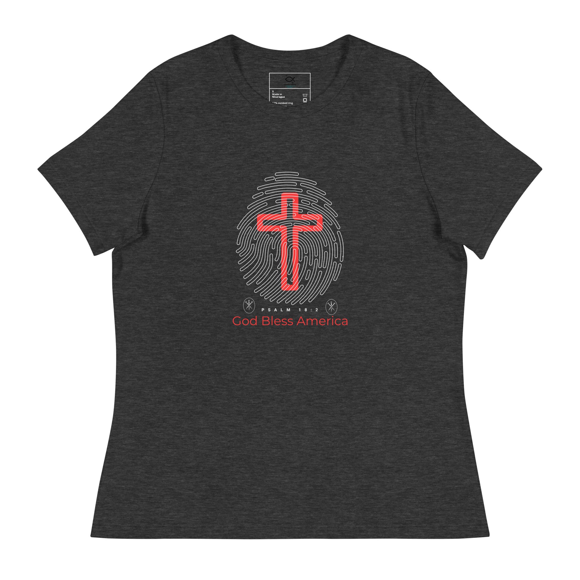 “Navy blue Christian t-shirt with fingerprint and red cross design”

“Faith and patriotism God Bless America tee with Psalm 18:2 verse”

“Religious USA shirt featuring cross and fingerprint graphic”

“Bold Christian patriotic shirt with scripture and red cross”

“Unisex God Bless America tee for believers and veterans”
