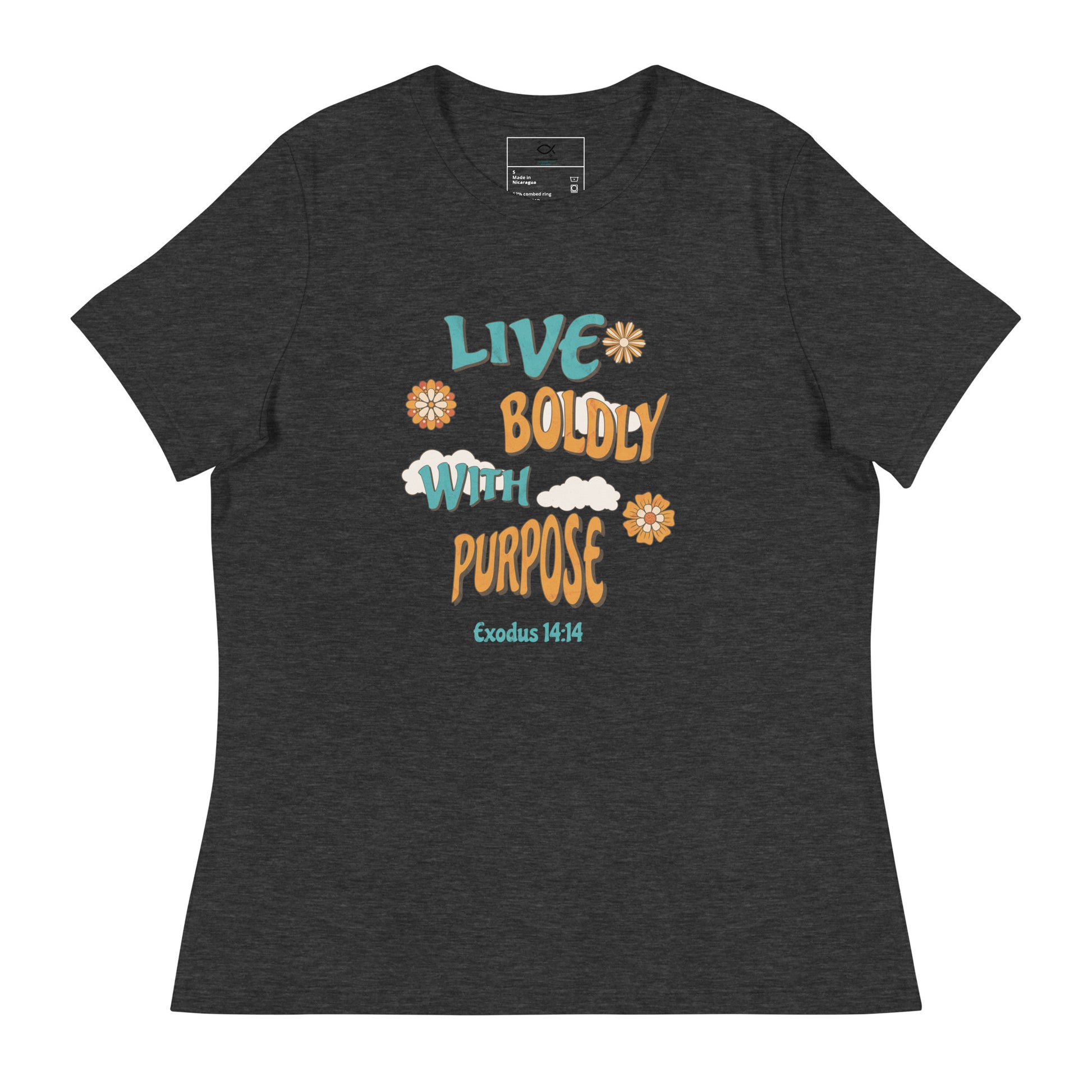 "Women's t-shirt with 'Live Boldly With Purpose' Exodus 14:14 Bible verse floral design"