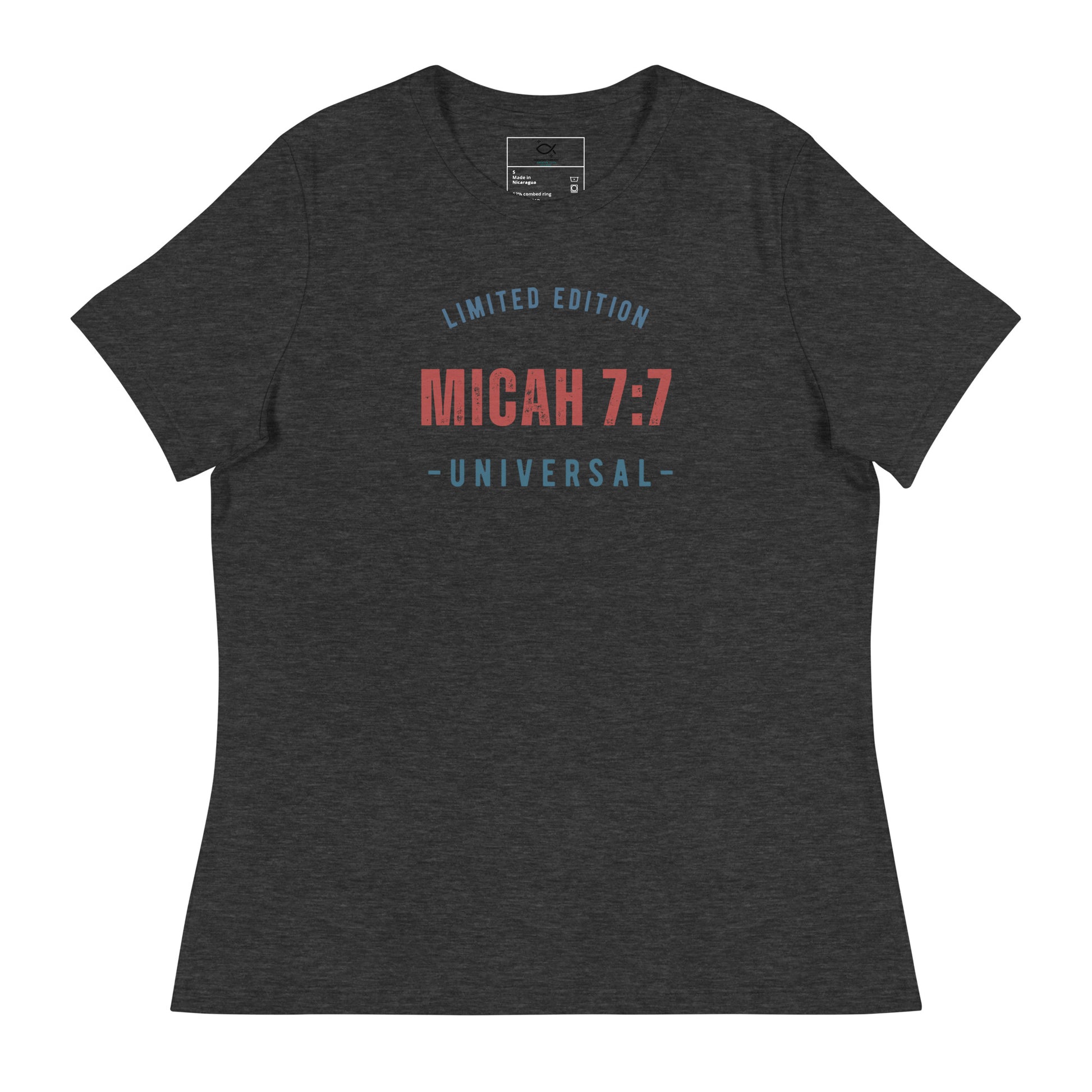 Women's navy relaxed fit t-shirt with Micah 7:7 Universal limited edition graphic