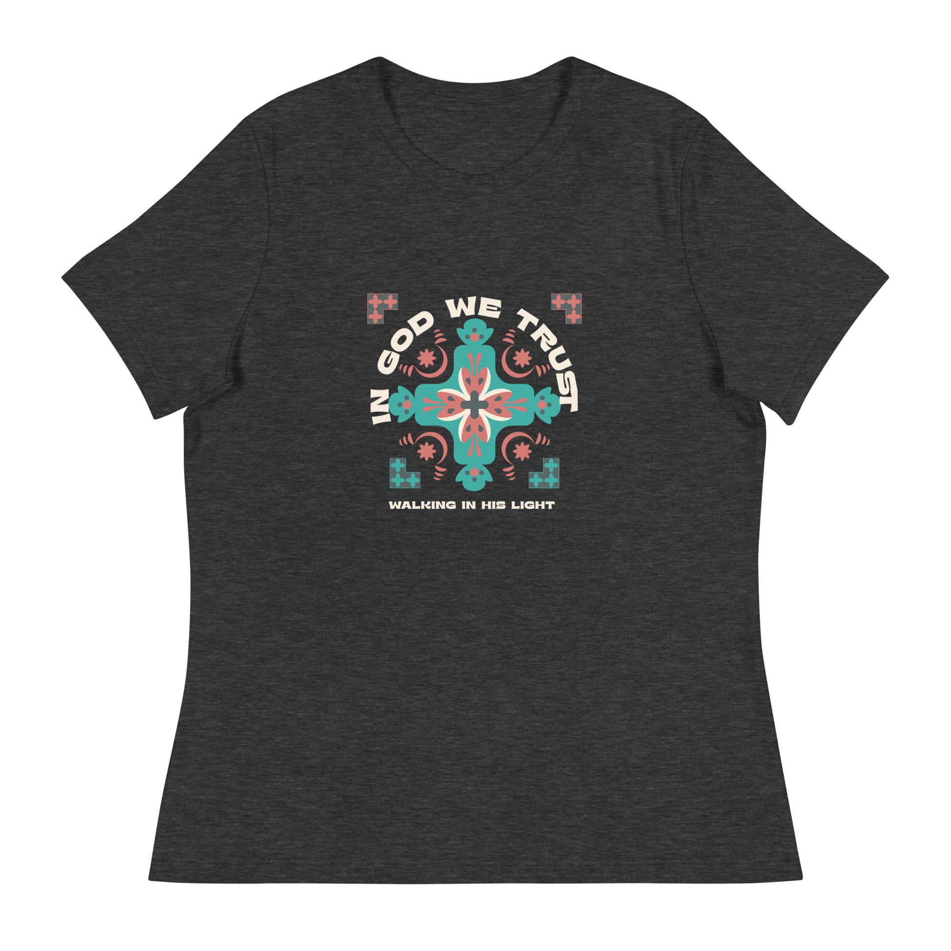 "Women's t-shirt with 'In God We Trust' Walking in His Light cross design"
