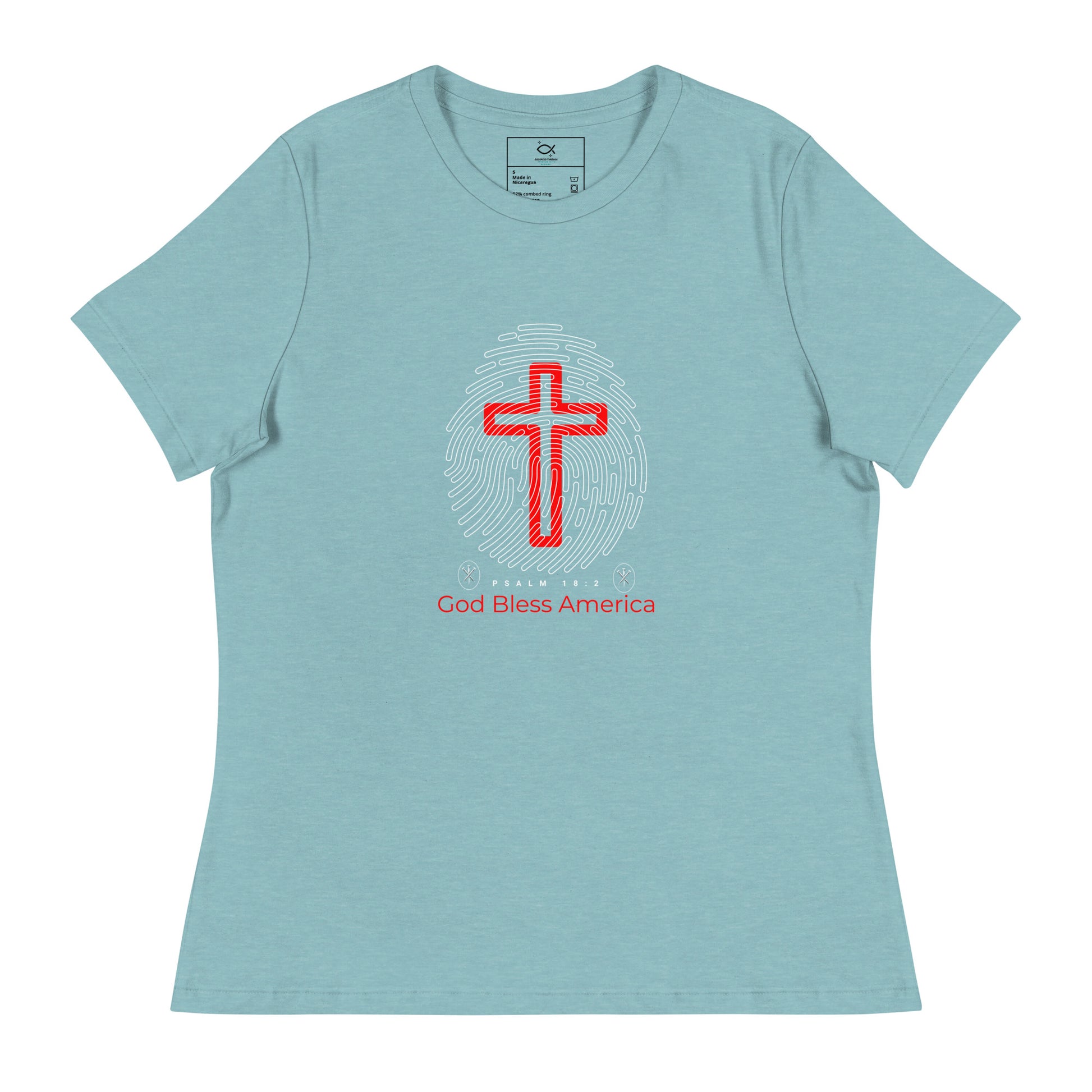 “Navy blue Christian t-shirt with fingerprint and red cross design”

“Faith and patriotism God Bless America tee with Psalm 18:2 verse”

“Religious USA shirt featuring cross and fingerprint graphic”

“Bold Christian patriotic shirt with scripture and red cross”

“Unisex God Bless America tee for believers and veterans”