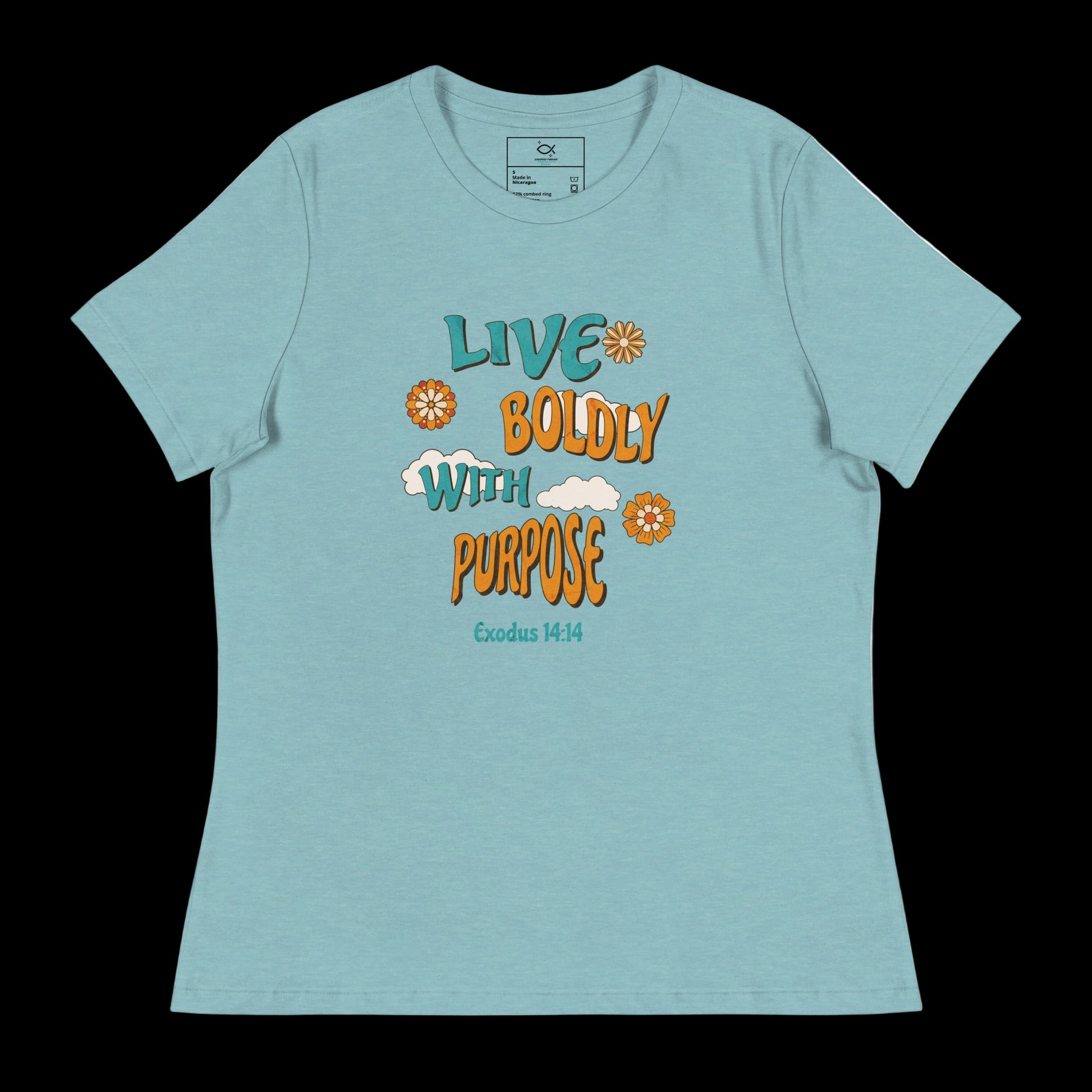 "Women's t-shirt with 'Live Boldly With Purpose' Exodus 14:14 Bible verse floral design"