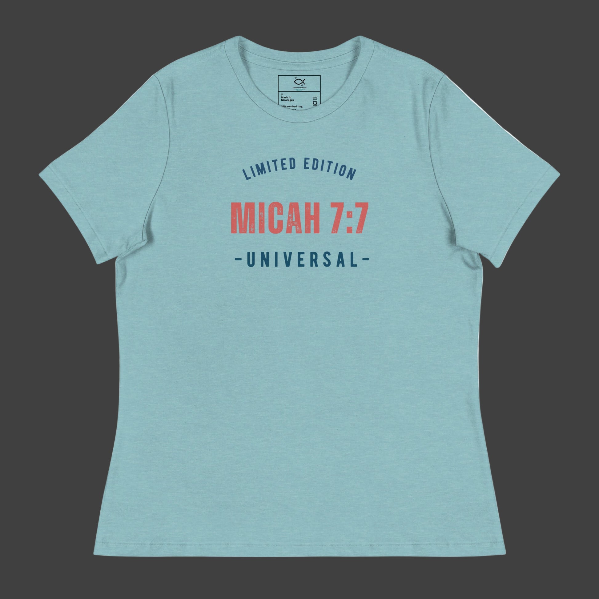 Women's navy relaxed fit t-shirt with Micah 7:7 Universal limited edition graphic