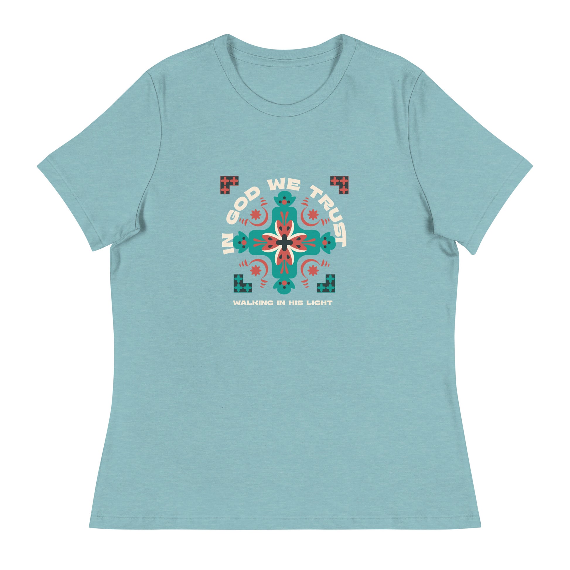 "Women's t-shirt with 'In God We Trust' Walking in His Light cross design"