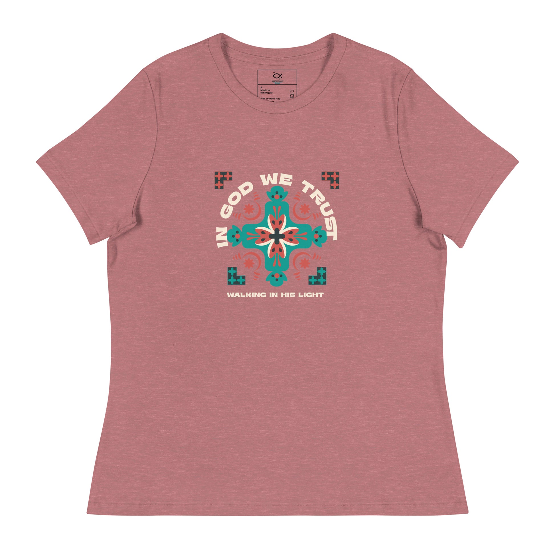 “Black t-shirt with ‘In God We Trust’ and colorful cross graphic”

“Christian unisex tee with vibrant faith cross design”

“Religious t-shirt featuring ‘Walking in His Light’ phrase”

“Faith-based streetwear shirt with cross and scripture”

“Christian gift t-shirt with bold typography and cross artwork”


