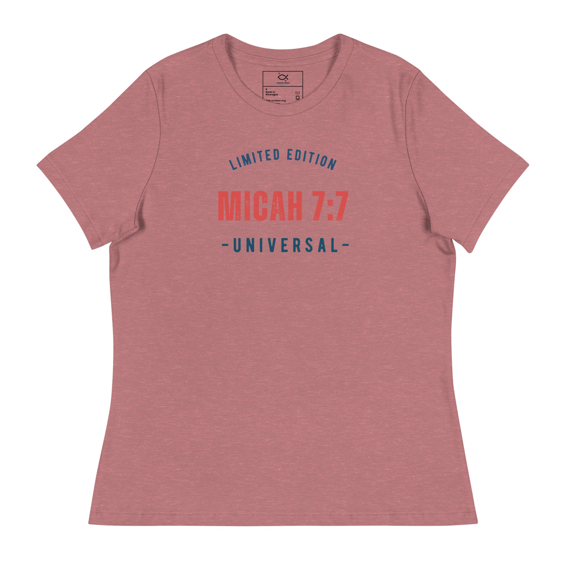 Women's navy relaxed fit t-shirt with Micah 7:7 Universal limited edition graphic