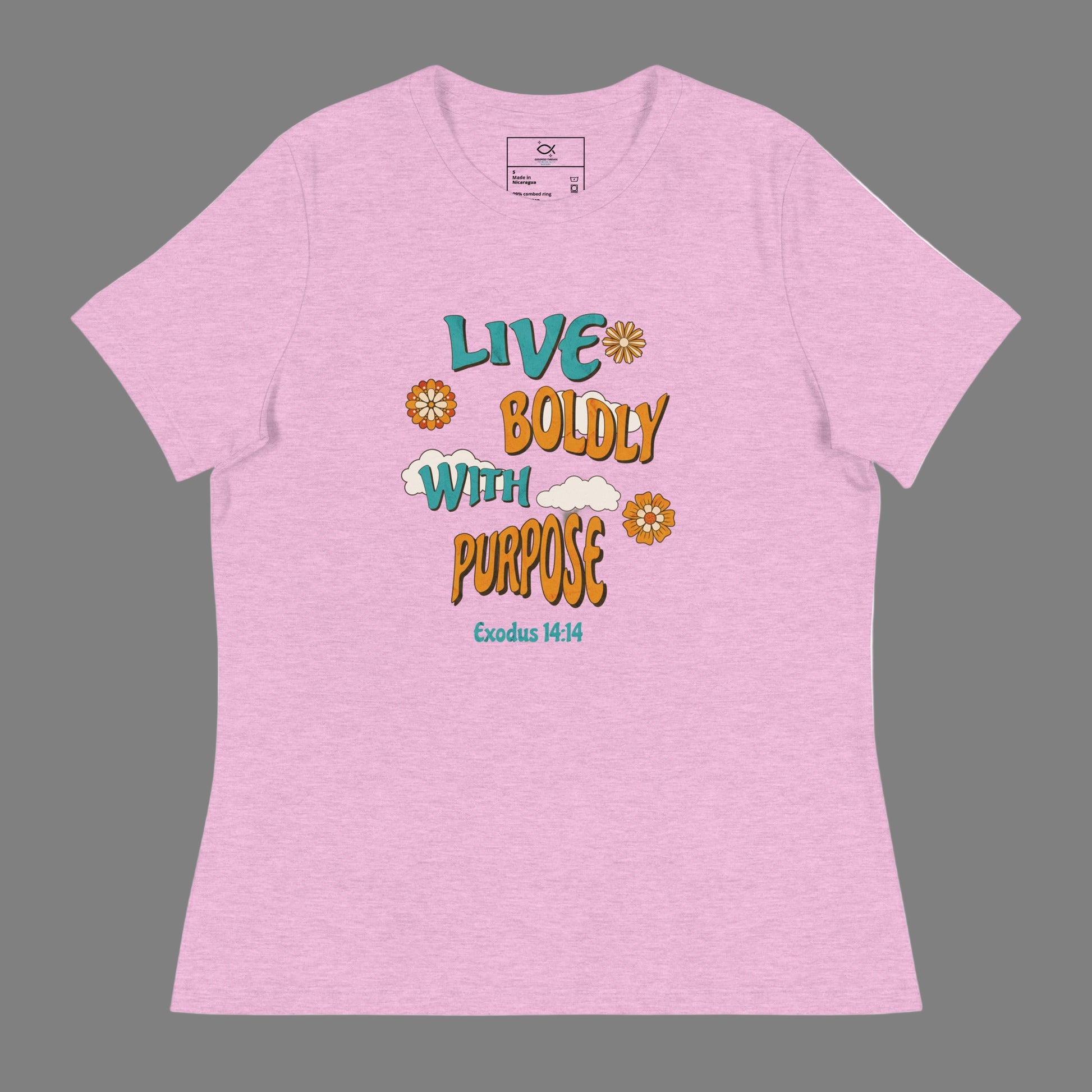 "Women's t-shirt with 'Live Boldly With Purpose' Exodus 14:14 Bible verse floral design"