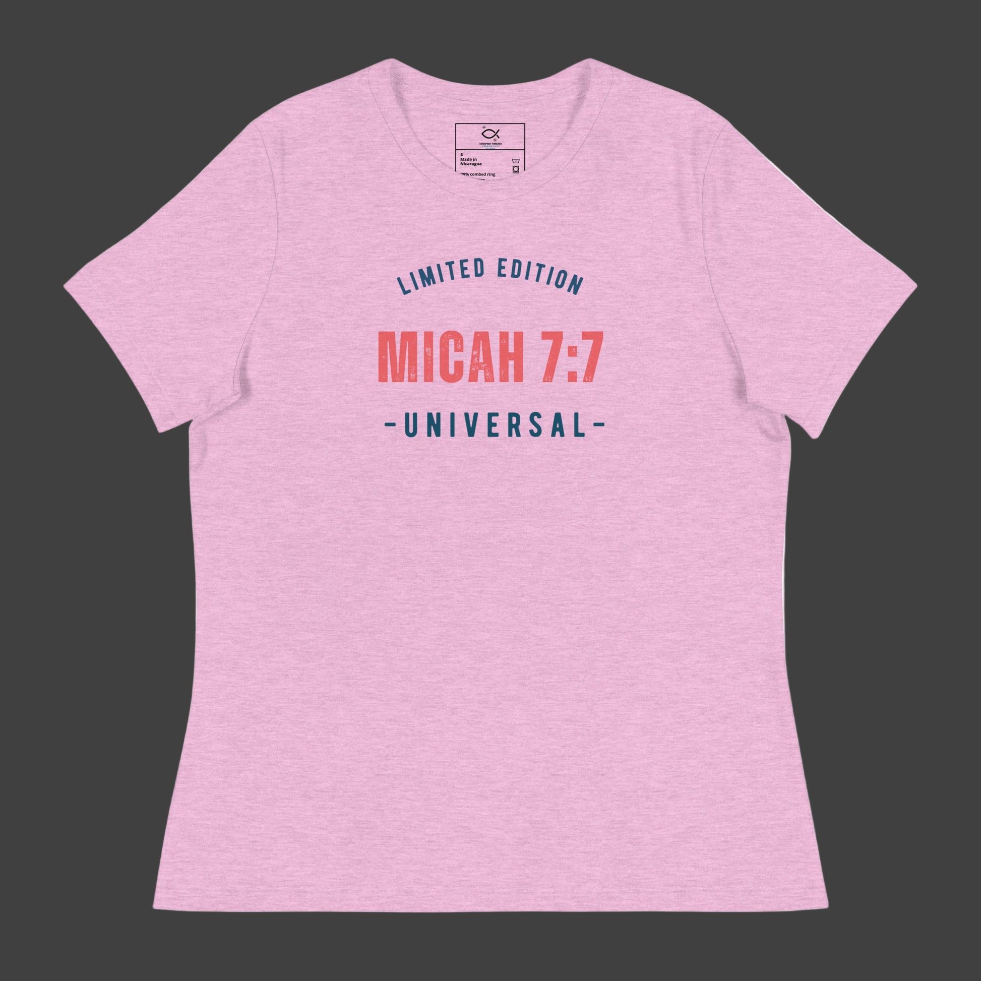 Women's navy relaxed fit t-shirt with Micah 7:7 Universal limited edition graphic