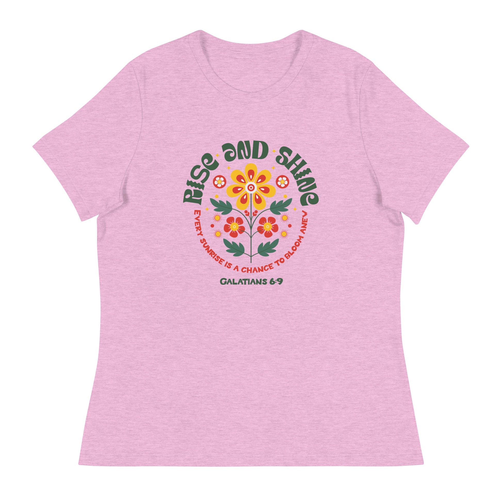 "Women's t-shirt with 'Rise and Shine' Galatians 6:9 Bible verse floral design"