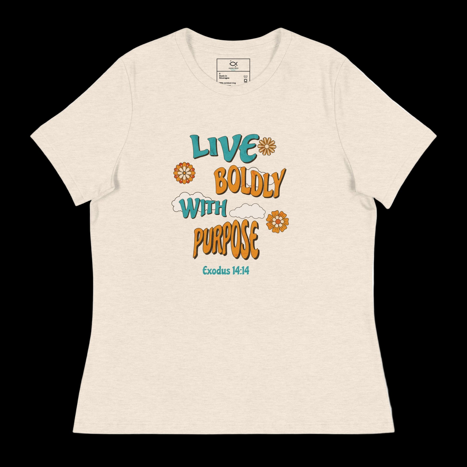"Women's t-shirt with 'Live Boldly With Purpose' Exodus 14:14 Bible verse floral design"