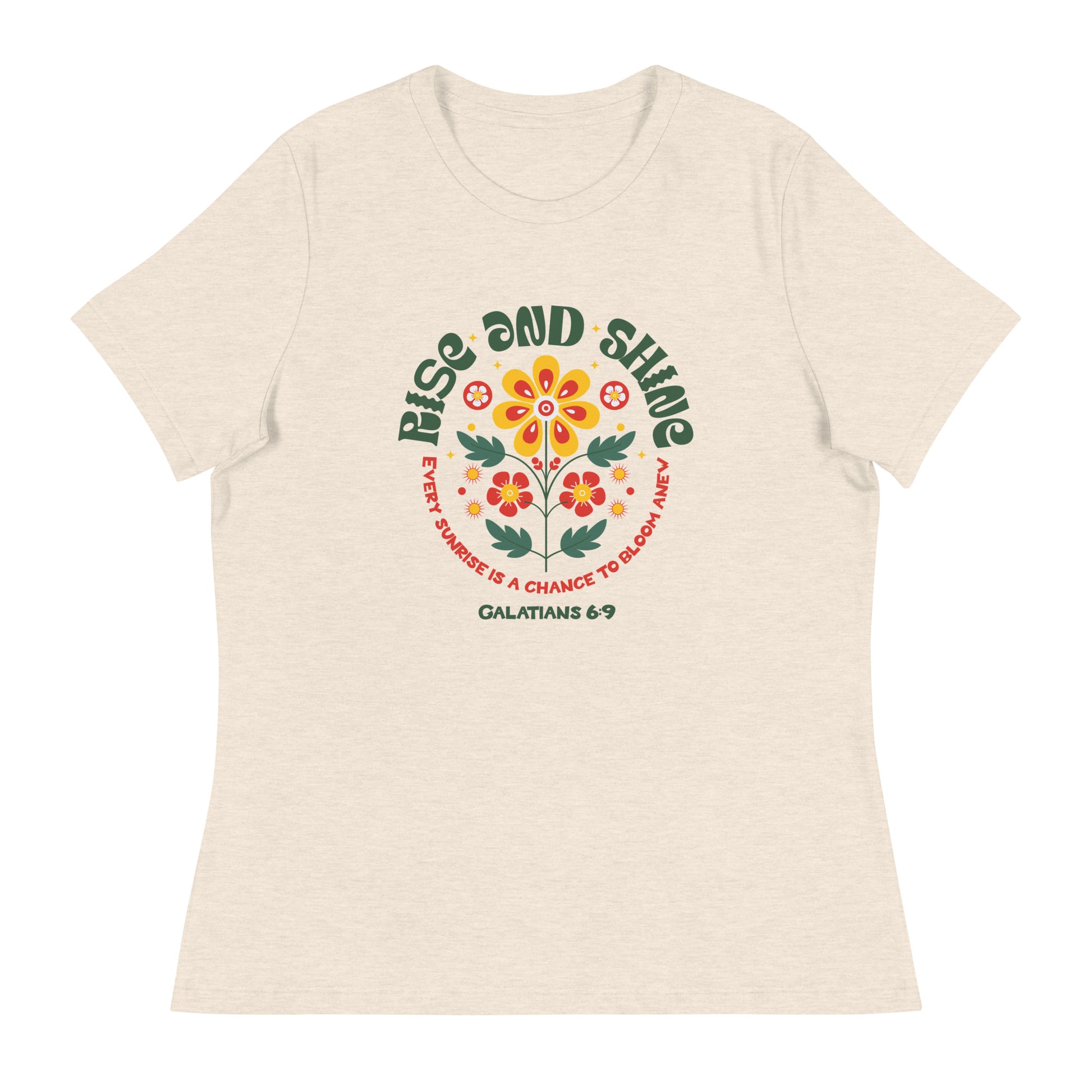 "Women's t-shirt with 'Rise and Shine' Galatians 6:9 Bible verse floral design"