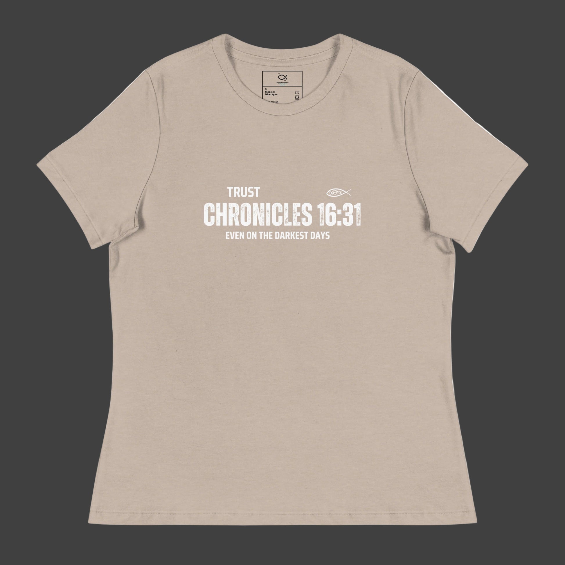 "Women's t-shirt with 'Trust Chronicles 16:31 Even on the Darkest Days' Bible verse design"








