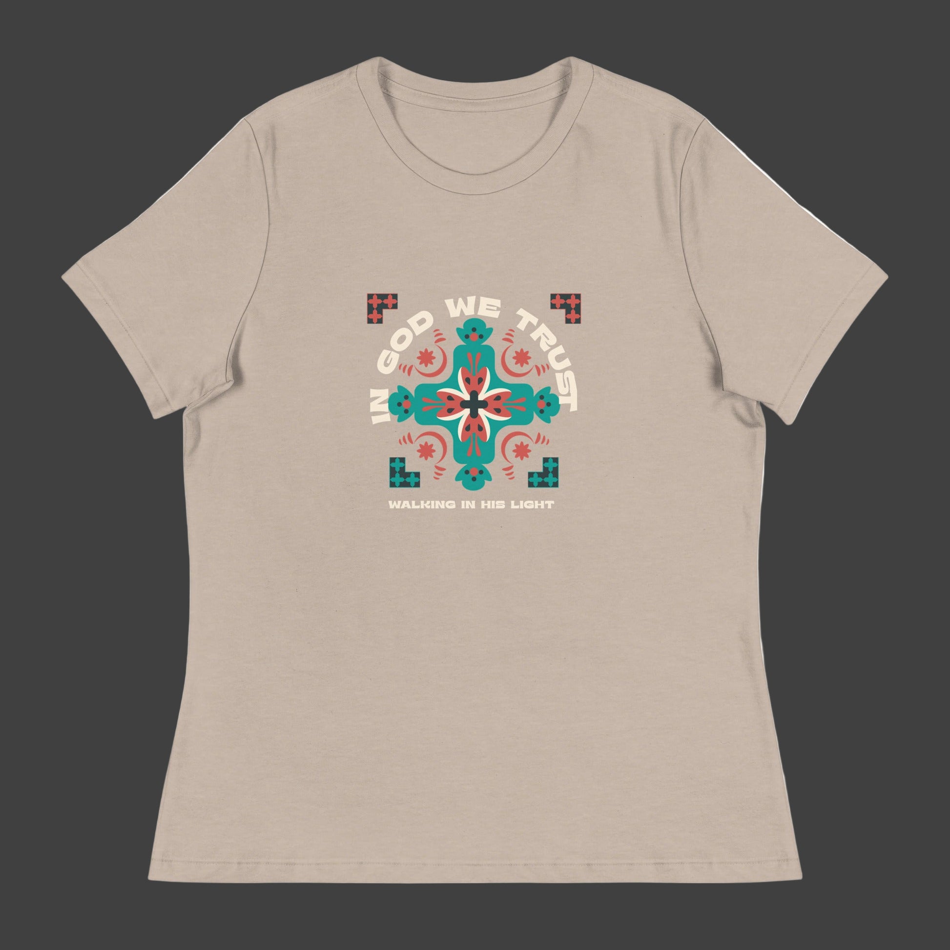 "Women's t-shirt with 'In God We Trust' Walking in His Light cross design"