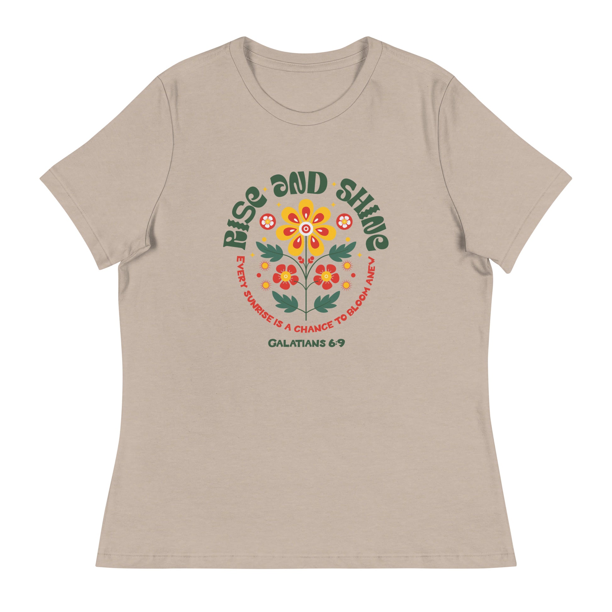 "Women's t-shirt with 'Rise and Shine' Galatians 6:9 Bible verse floral design"
