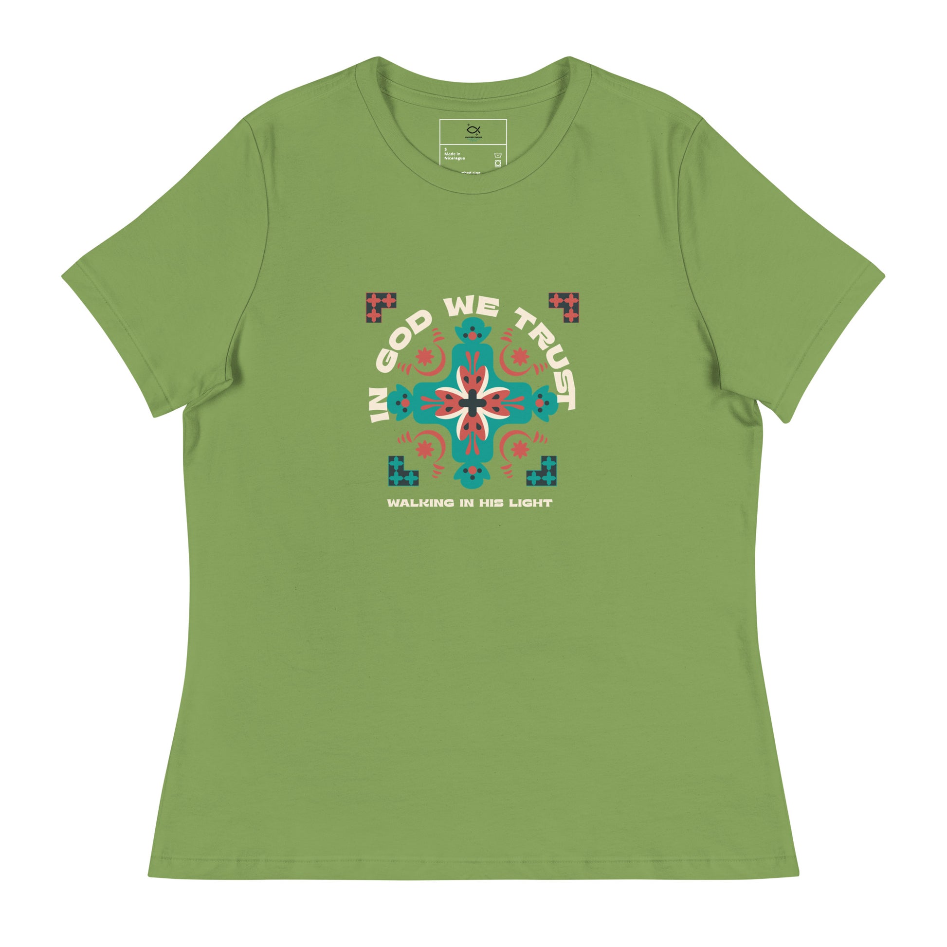 “Black t-shirt with ‘In God We Trust’ and colorful cross graphic”

“Christian unisex tee with vibrant faith cross design”

“Religious t-shirt featuring ‘Walking in His Light’ phrase”

“Faith-based streetwear shirt with cross and scripture”

“Christian gift t-shirt with bold typography and cross artwork”

