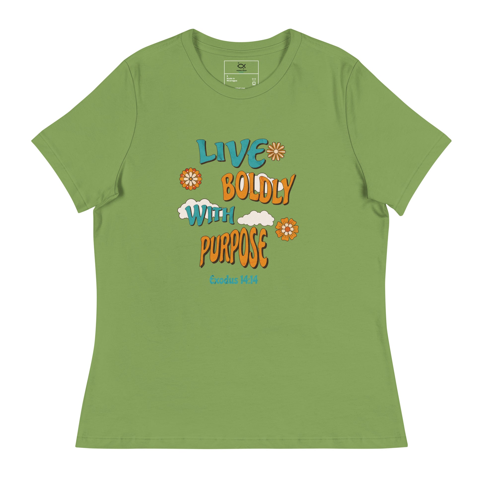 "Women's t-shirt with 'Live Boldly With Purpose' Exodus 14:14 Bible verse floral design"