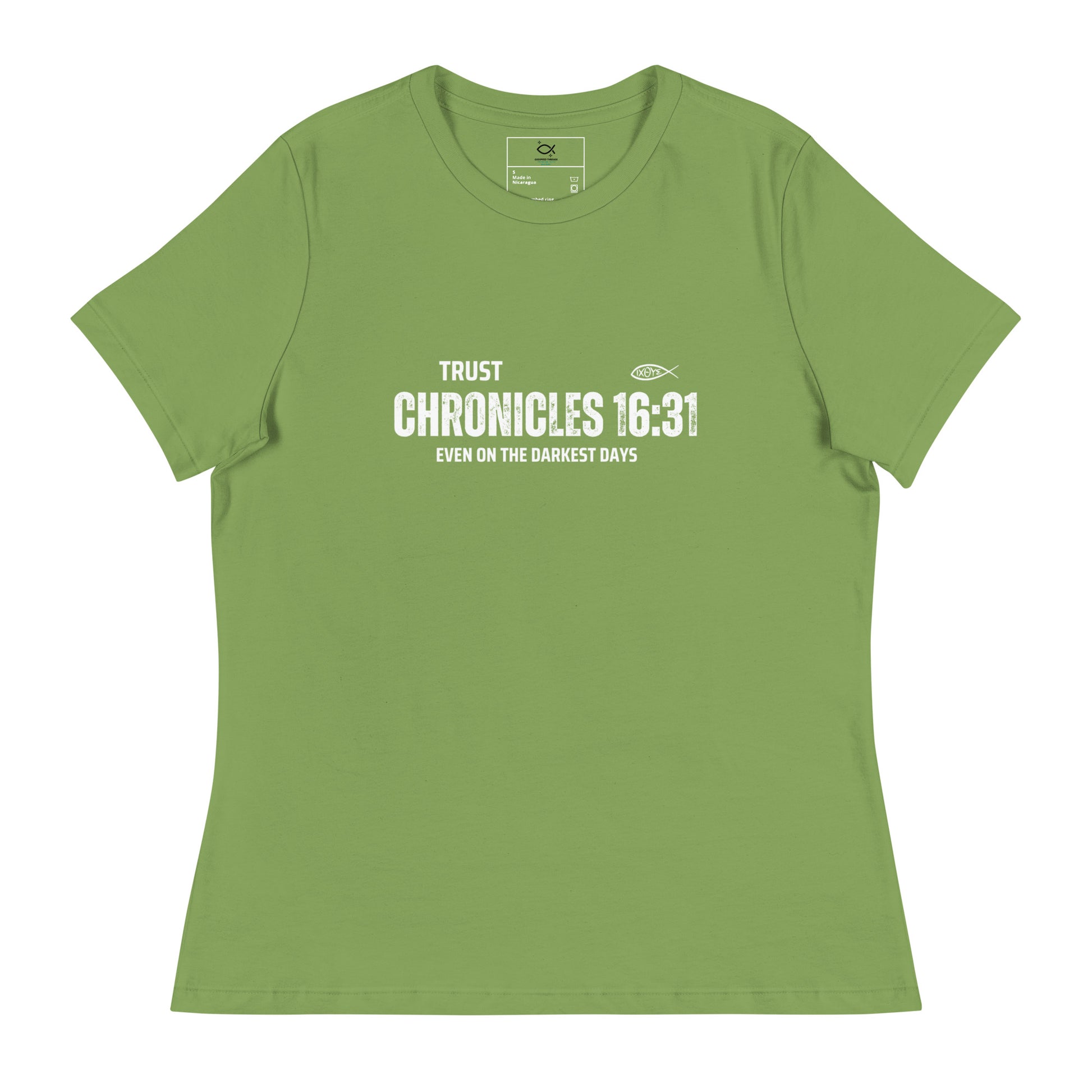 "Women's t-shirt with 'Trust Chronicles 16:31 Even on the Darkest Days' Bible verse design"








