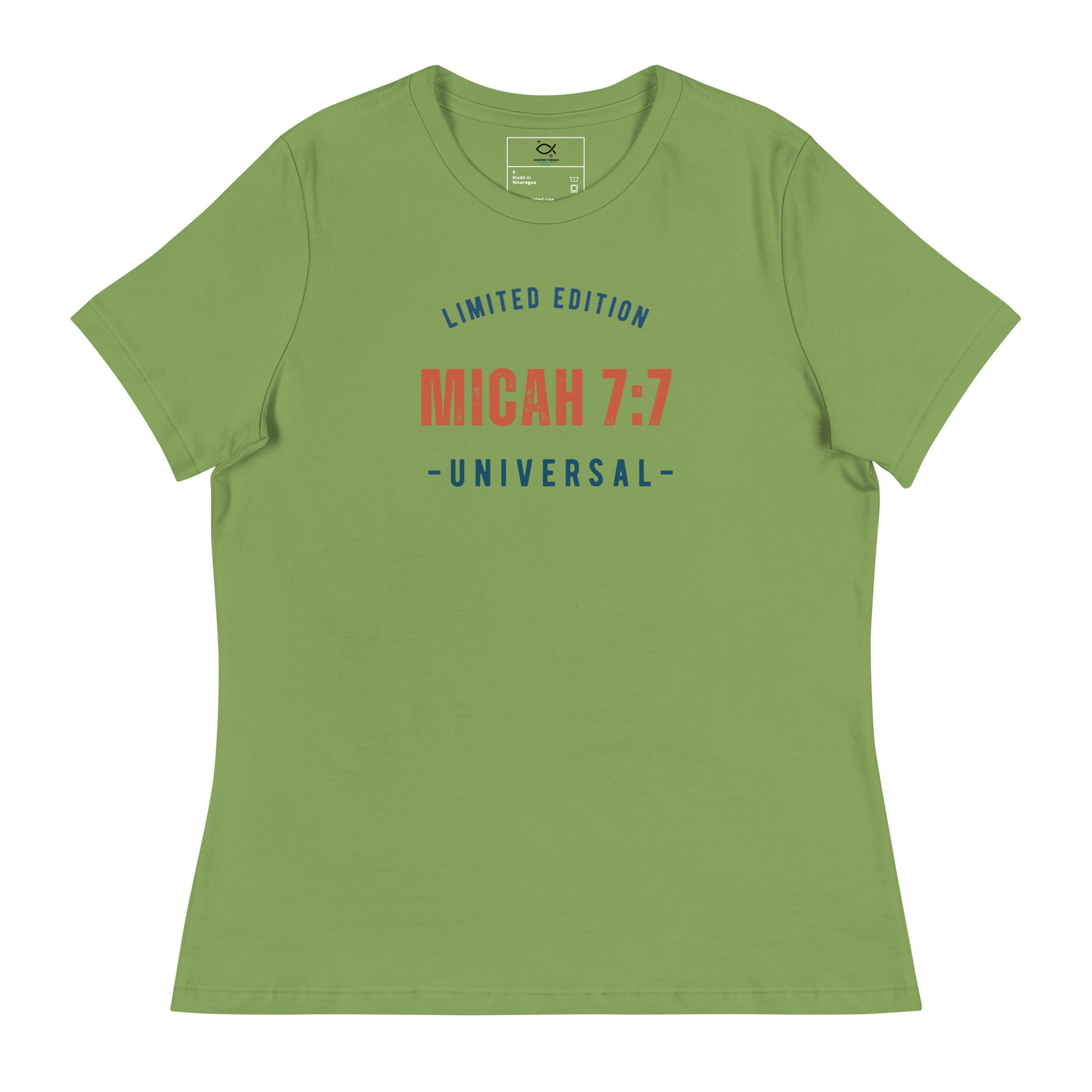 Women's navy relaxed fit t-shirt with Micah 7:7 Universal limited edition graphic