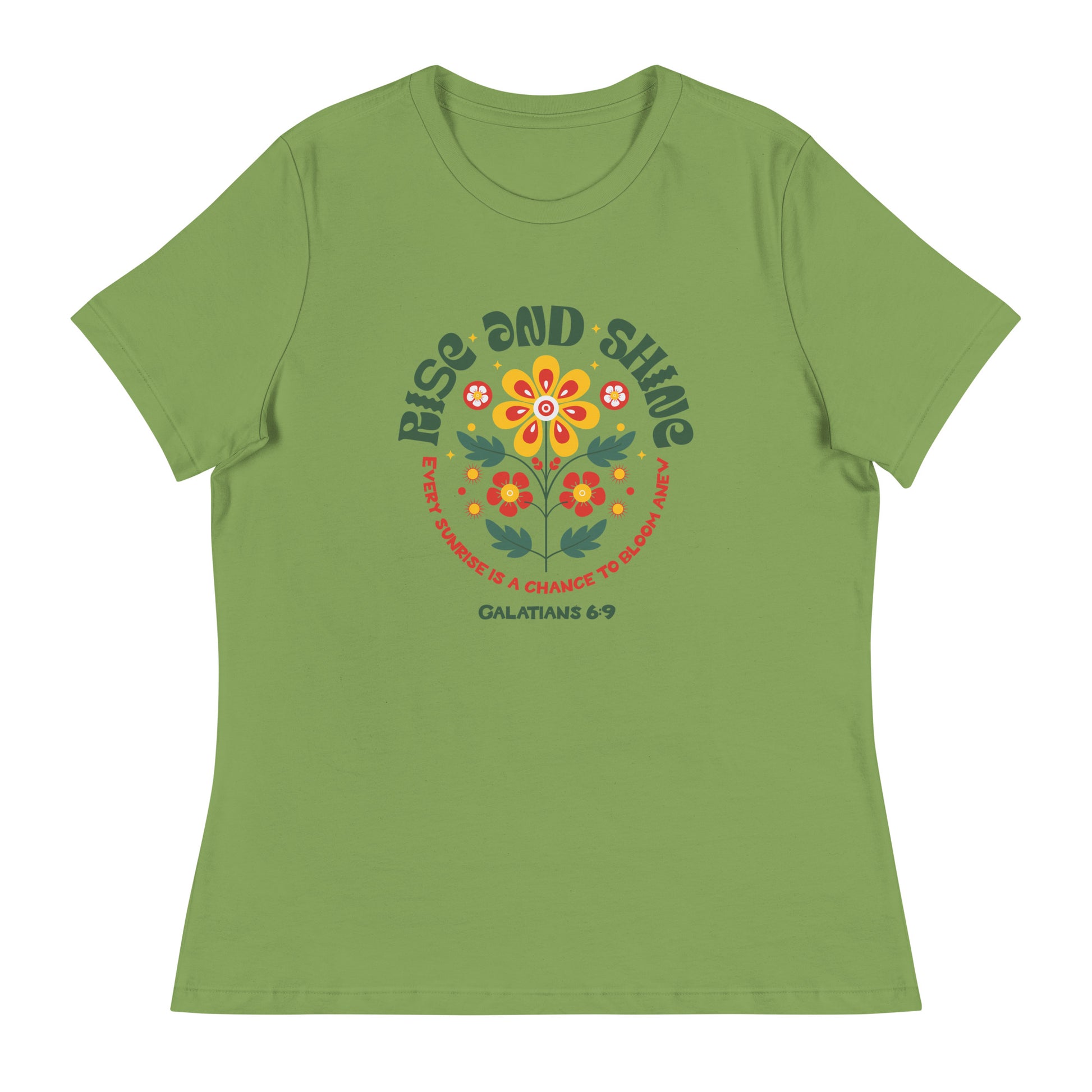"Women's t-shirt with 'Rise and Shine' Galatians 6:9 Bible verse floral design"