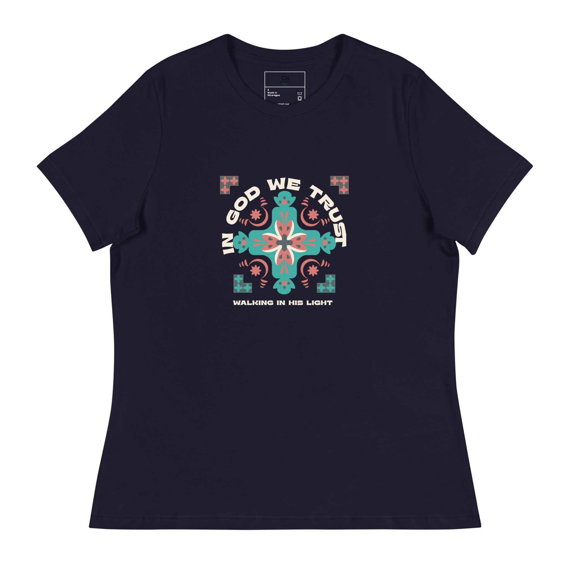 “Black t-shirt with ‘In God We Trust’ and colorful cross graphic”

“Christian unisex tee with vibrant faith cross design”

“Religious t-shirt featuring ‘Walking in His Light’ phrase”

“Faith-based streetwear shirt with cross and scripture”

“Christian gift t-shirt with bold typography and cross artwork”

