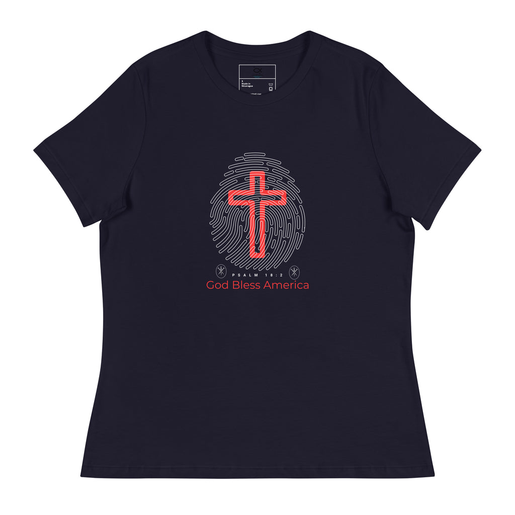 “Navy blue Christian t-shirt with fingerprint and red cross design”

“Faith and patriotism God Bless America tee with Psalm 18:2 verse”

“Religious USA shirt featuring cross and fingerprint graphic”

“Bold Christian patriotic shirt with scripture and red cross”

“Unisex God Bless America tee for believers and veterans”