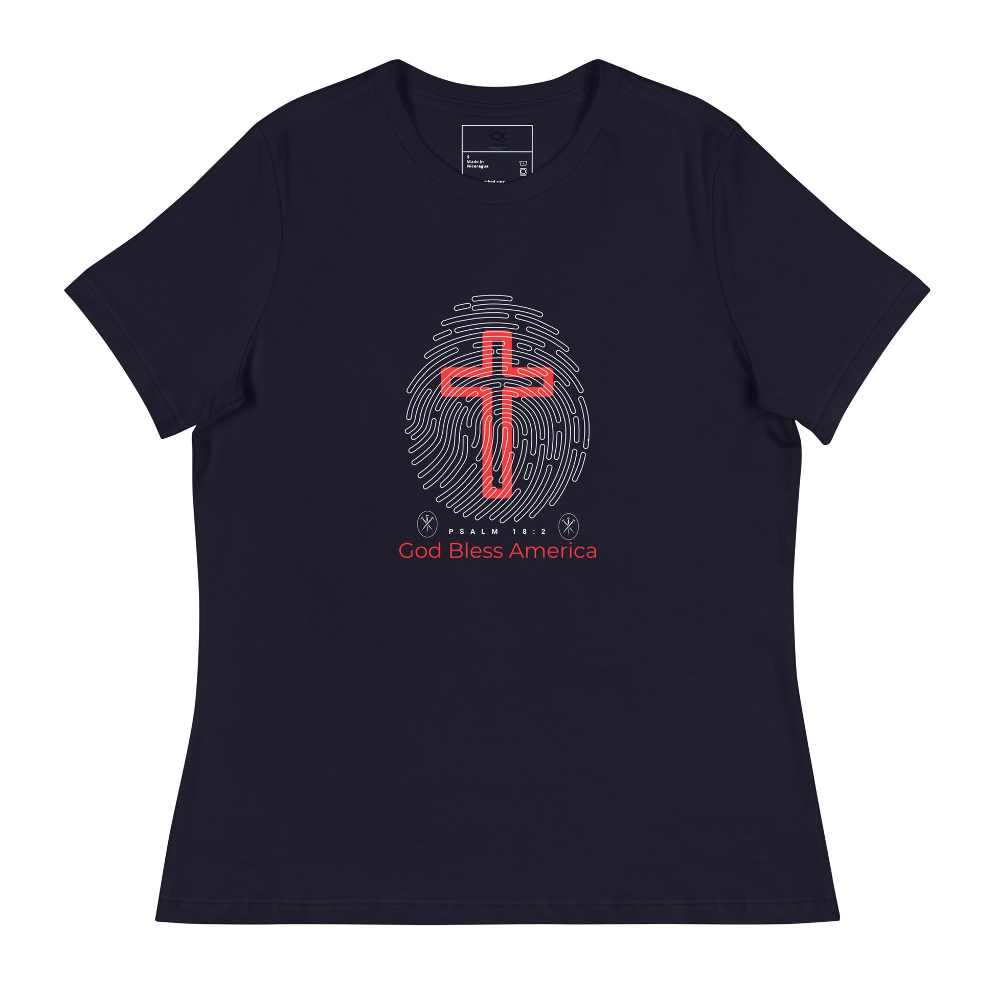 “Navy blue Christian t-shirt with fingerprint and red cross design”

“Faith and patriotism God Bless America tee with Psalm 18:2 verse”

“Religious USA shirt featuring cross and fingerprint graphic”

“Bold Christian patriotic shirt with scripture and red cross”

“Unisex God Bless America tee for believers and veterans”