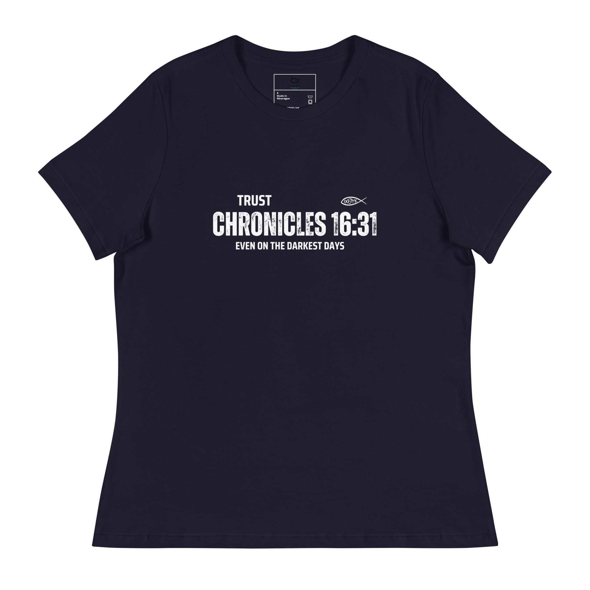 "Women's t-shirt with 'Trust Chronicles 16:31 Even on the Darkest Days' Bible verse design"








