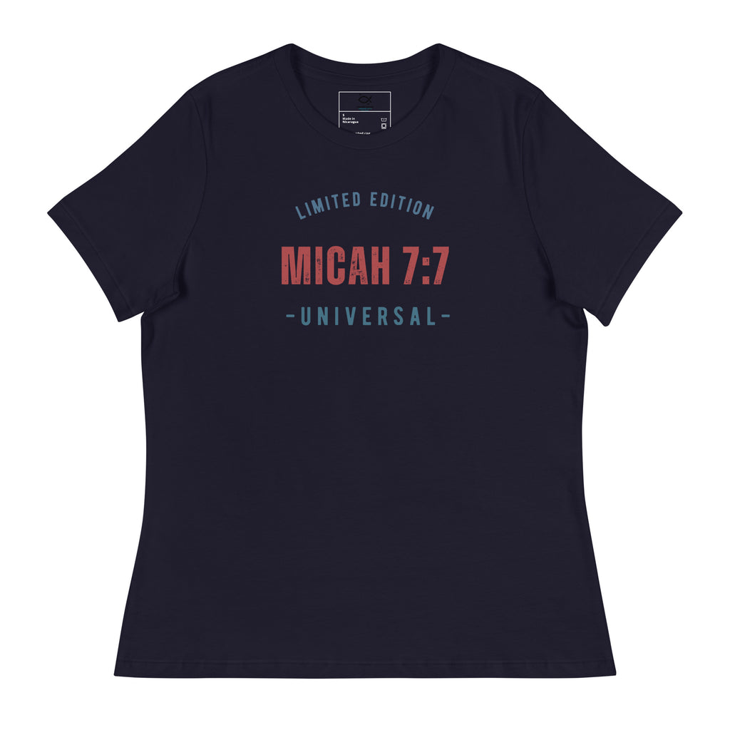 Women's navy relaxed fit t-shirt with Micah 7:7 Universal limited edition graphic
