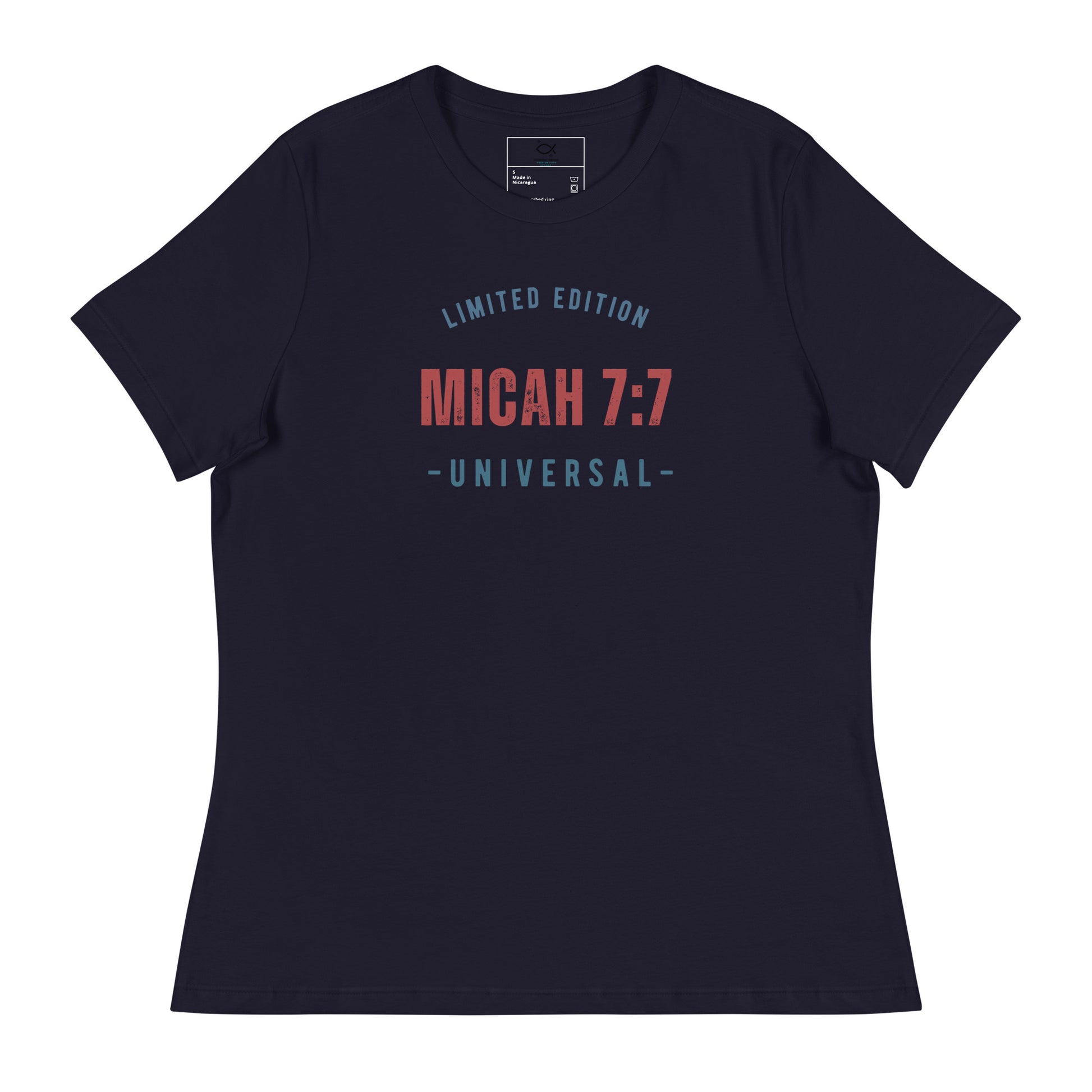 Women's navy relaxed fit t-shirt with Micah 7:7 Universal limited edition graphic