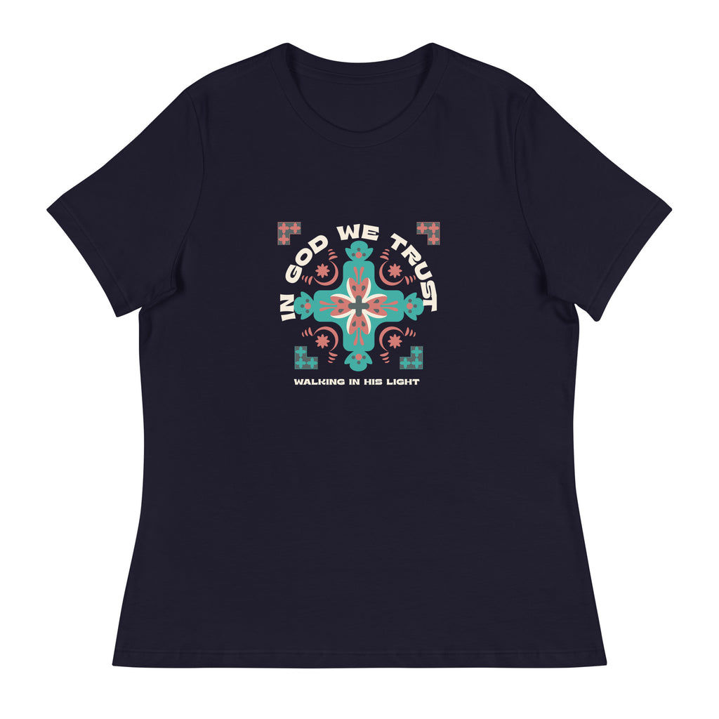 "Women's t-shirt with 'In God We Trust' Walking in His Light cross design"